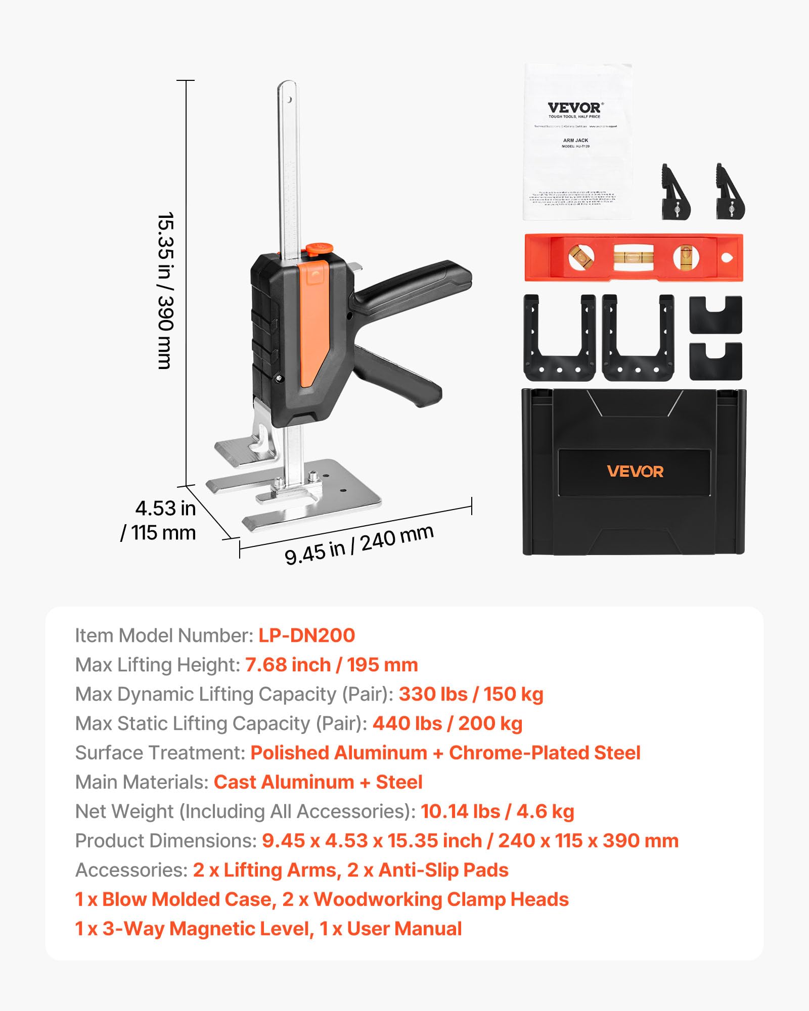 VEVOR Cric à Bras 2PCs, Lève Meubles Portes Plaques avec Capacité 200 kg, Outil de Levage Manuel jusqu'à 19,5 cm, avec Niveau Magnétique, 2 Modes de Réglage, pour Fenêtres, Installation, Noir