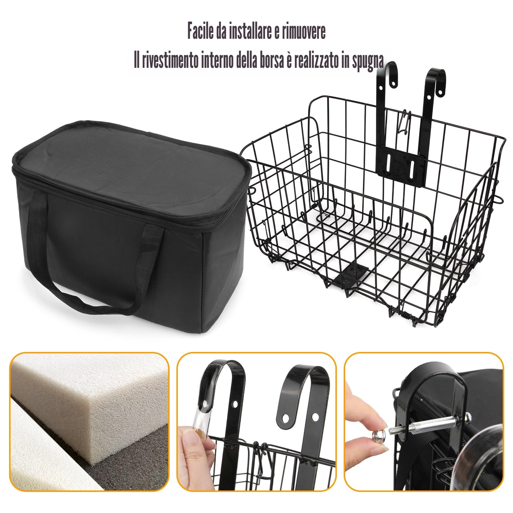 Spesh Cestino pieghevole per bicicletta in filo metallico d'acciaio, cestino anteriore per bici con sacca di rivestimento in PU nero, design a sgancio rapido, cestino cargo per bicicletta per