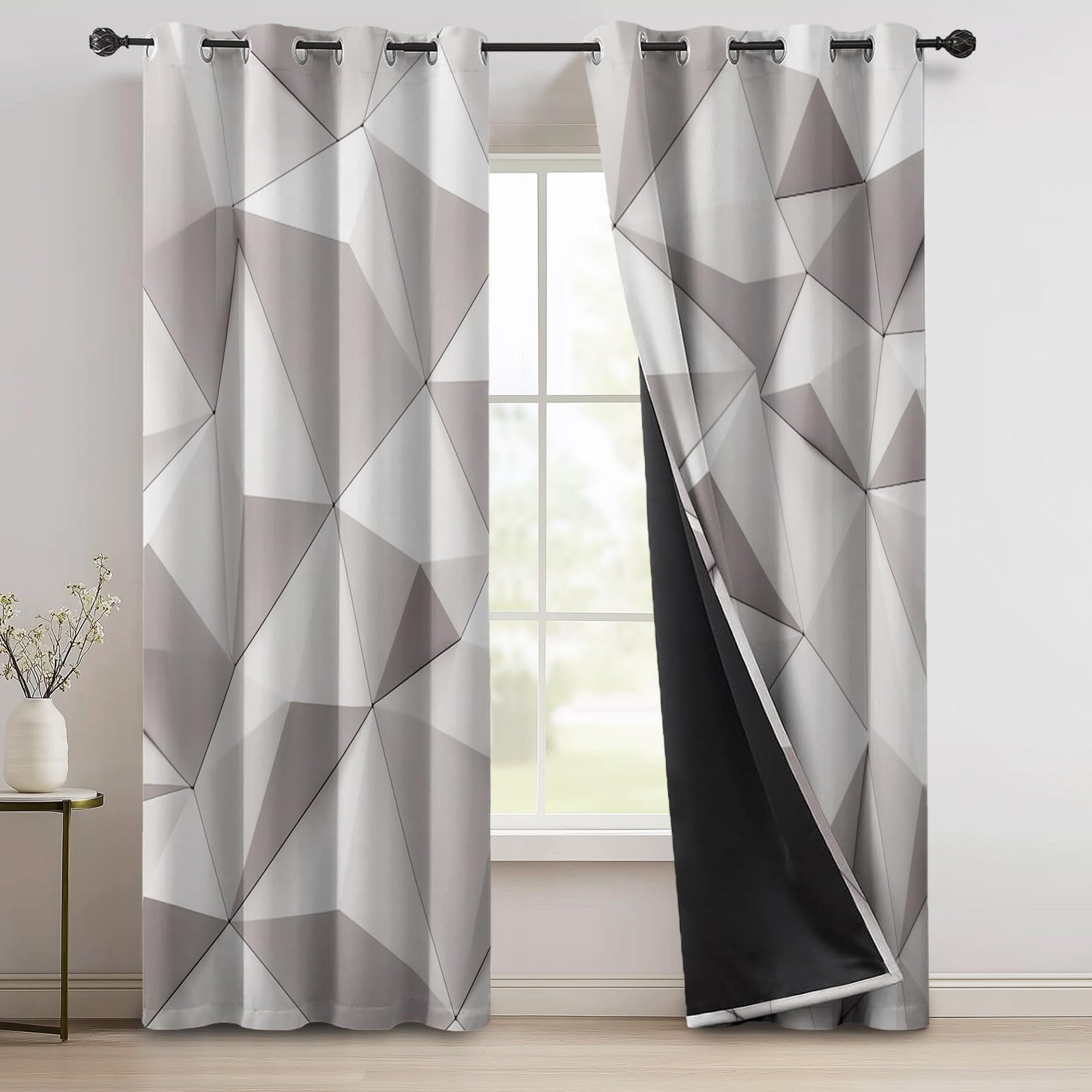 100% Rideau Occultant Thermique Isolant Anti Froid et Chaleur 140L X 260H cm (2 Panneaux), Géométrique Abstrait Polygonal Rideaux Opaques Oeillets Anti UV Anti Bruit pour Chambre Salon, Blanc