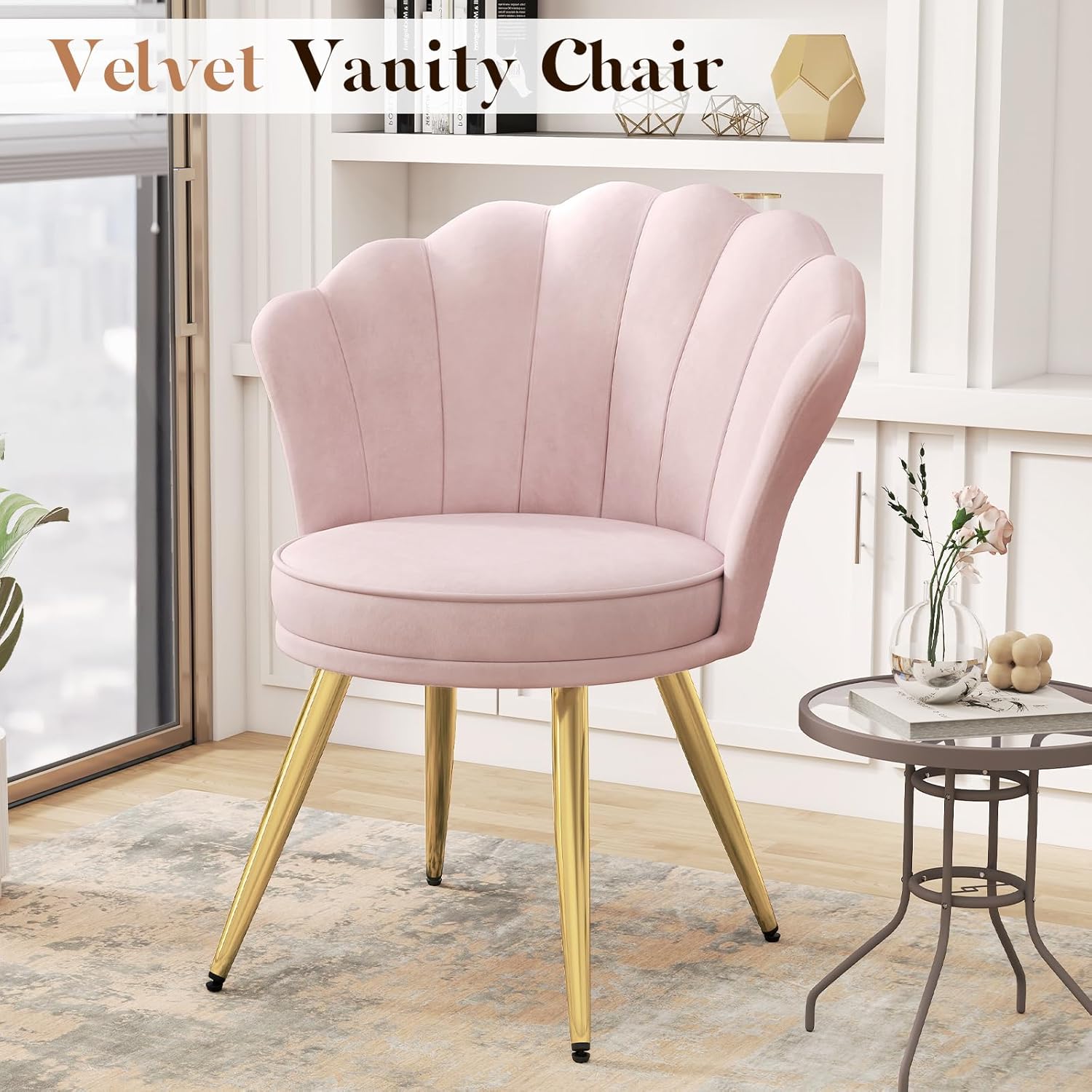 Velvet Upholstered Accent Chair with Gold Metal Legs – Makeup Vanity Chair, Guest Chair for Living Room & Bedroom, Light Pink