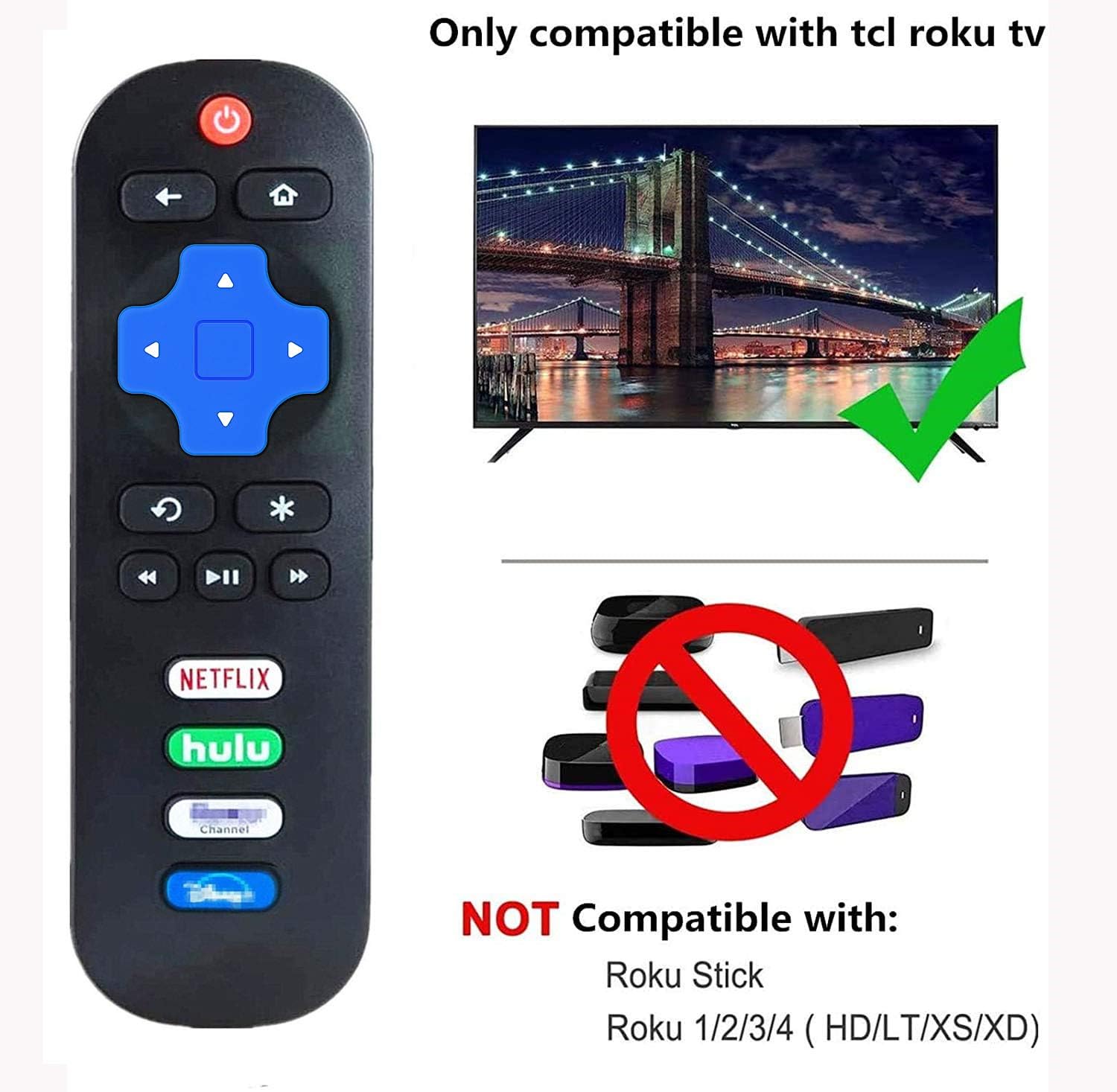 Limited Bedycoon Remote Control Compatible with TCL Roku Smart LED TV URC280J 06-IRPT20-URC280J Replacement 55R615 43S425 55S421 55S423 40S331 65S421 with 4 Shortcut Buttons Netflix HULU Roku Channel Disney+