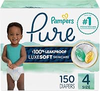 Pampers Pure Size 4 Diapers 150 Count: 100% Leakproof, Vitamin-Enriched Hypoallergenic Protection for Baby Skin
