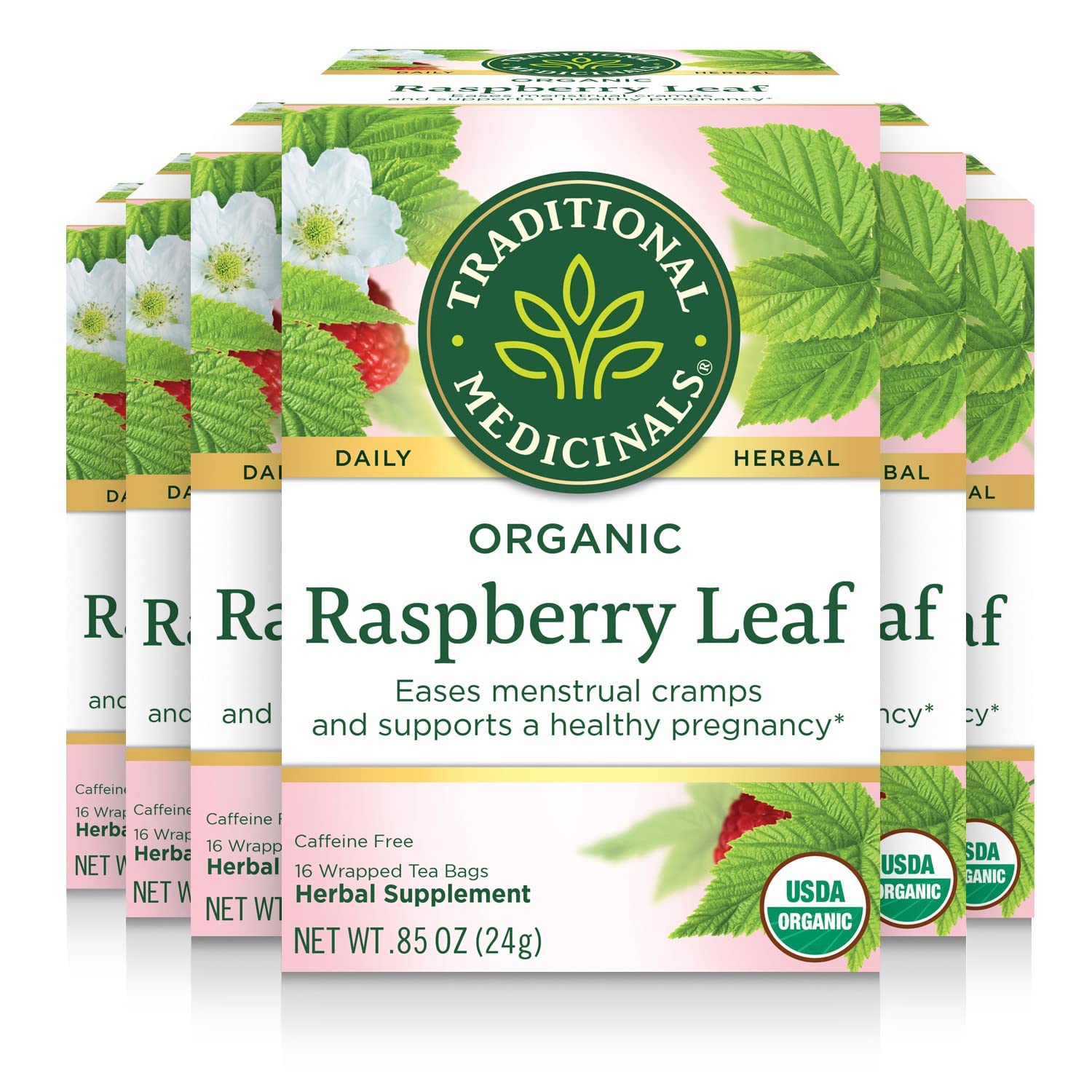 Traditional Medicinals Organic Raspberry Leaf Tea Bag | To Eases Menstrual Cramps | Supports Healthy Pregnancy | Caffeine Free | Herbal Supplement | 16 Tea Bag (Pack Of 6)