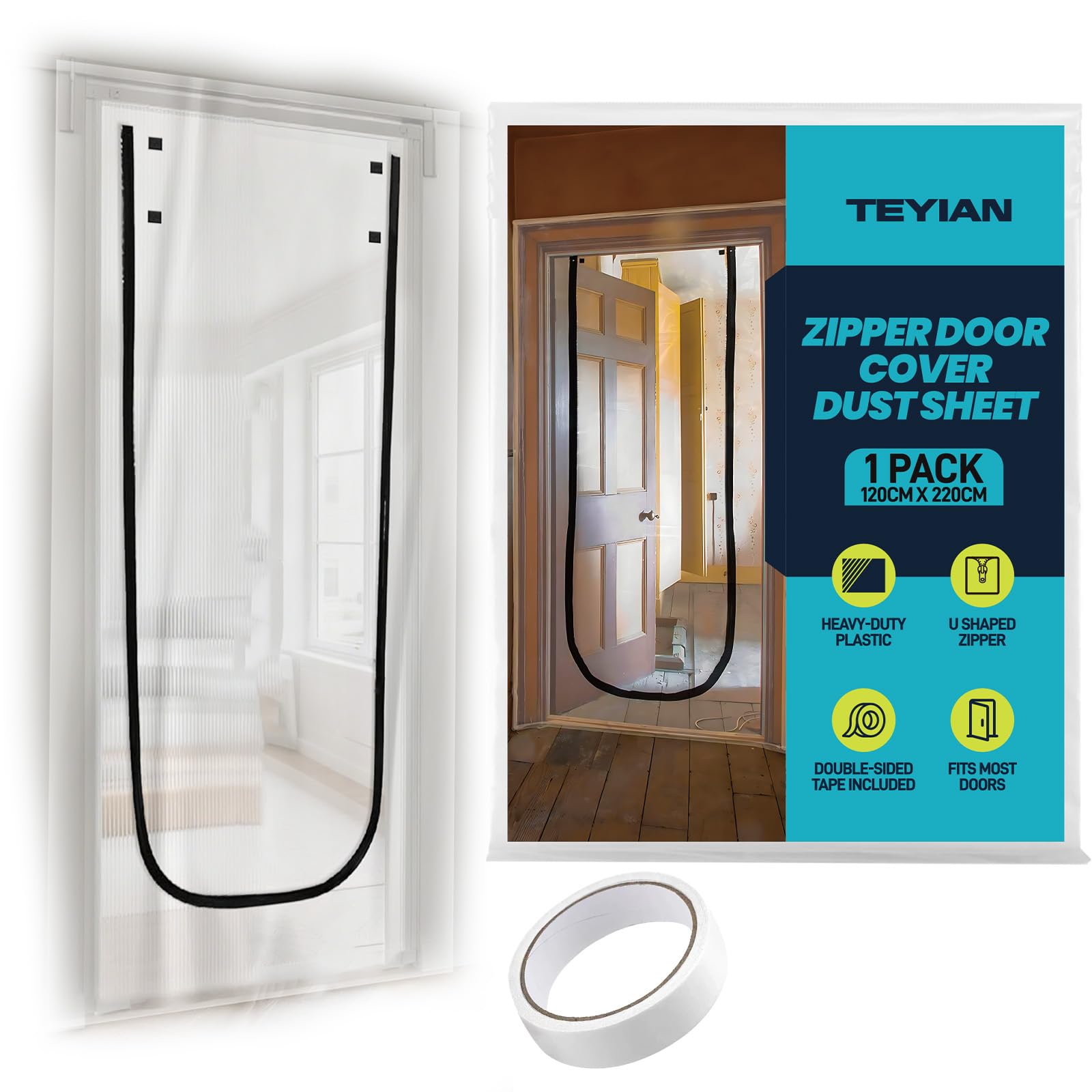 TEYIAN 1.2m x 2.2m Plastic Dust Sheet Door Cover with Zipper Heavy Duty Clear Polythene Sheet Door Protector Door Curtain with 10m Double-Sided Tape for Decorating and DIY Projects