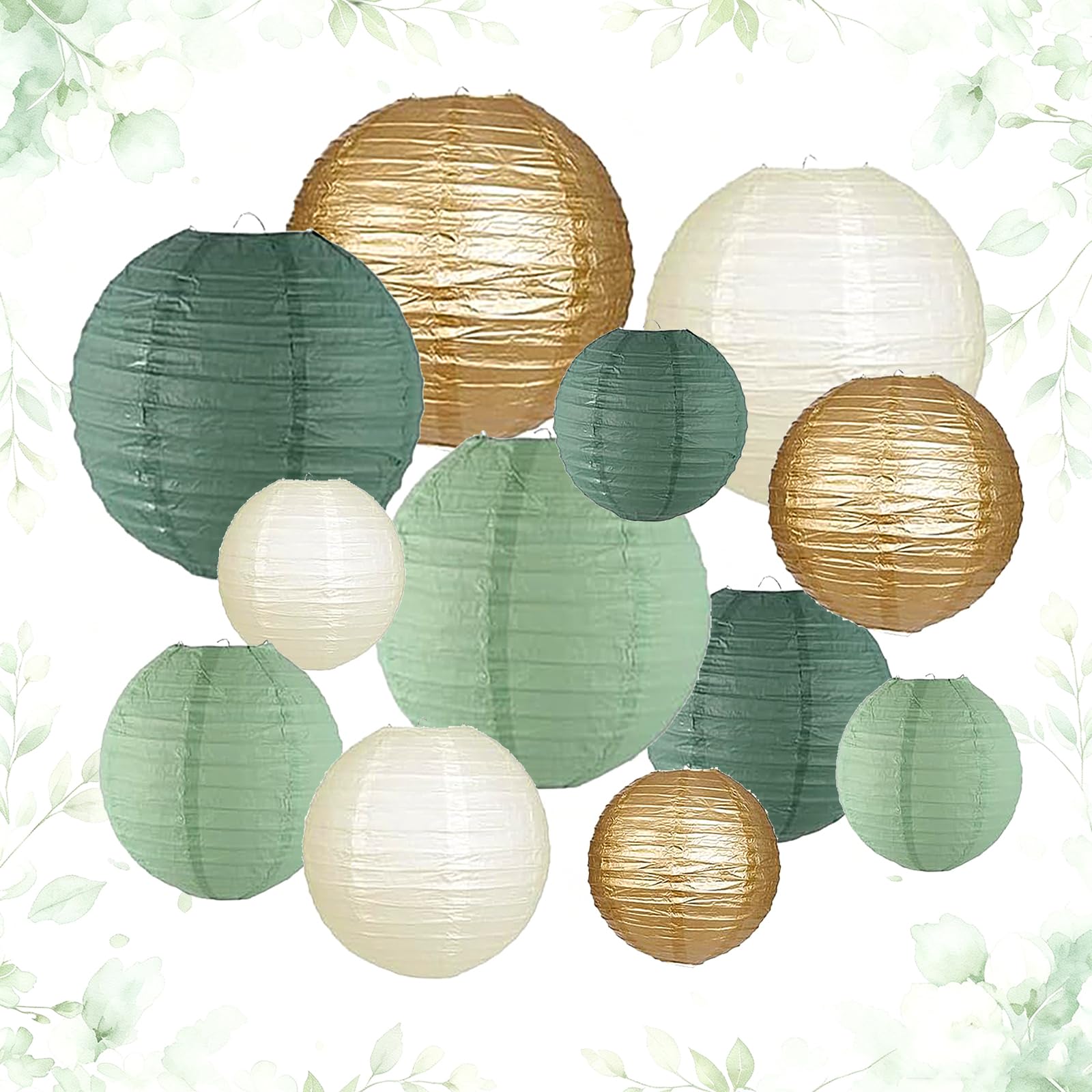 Viilich 12pcs Sage Green Gold Paper Lanterns, Round Foldable Rice Paper Hanging Lanterns for Wedding Bridal Shower Boho Birthday Enchanted Forest Home Party Decor