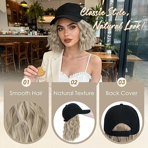 Miniatura 91 de Hairro Cap with Hair Attached For Women Wig Hat with Hair Short Bob style Synthetic Wavy Curly Adjustable Ball Cap Wiggy Hair Extensions 8" 180g #1