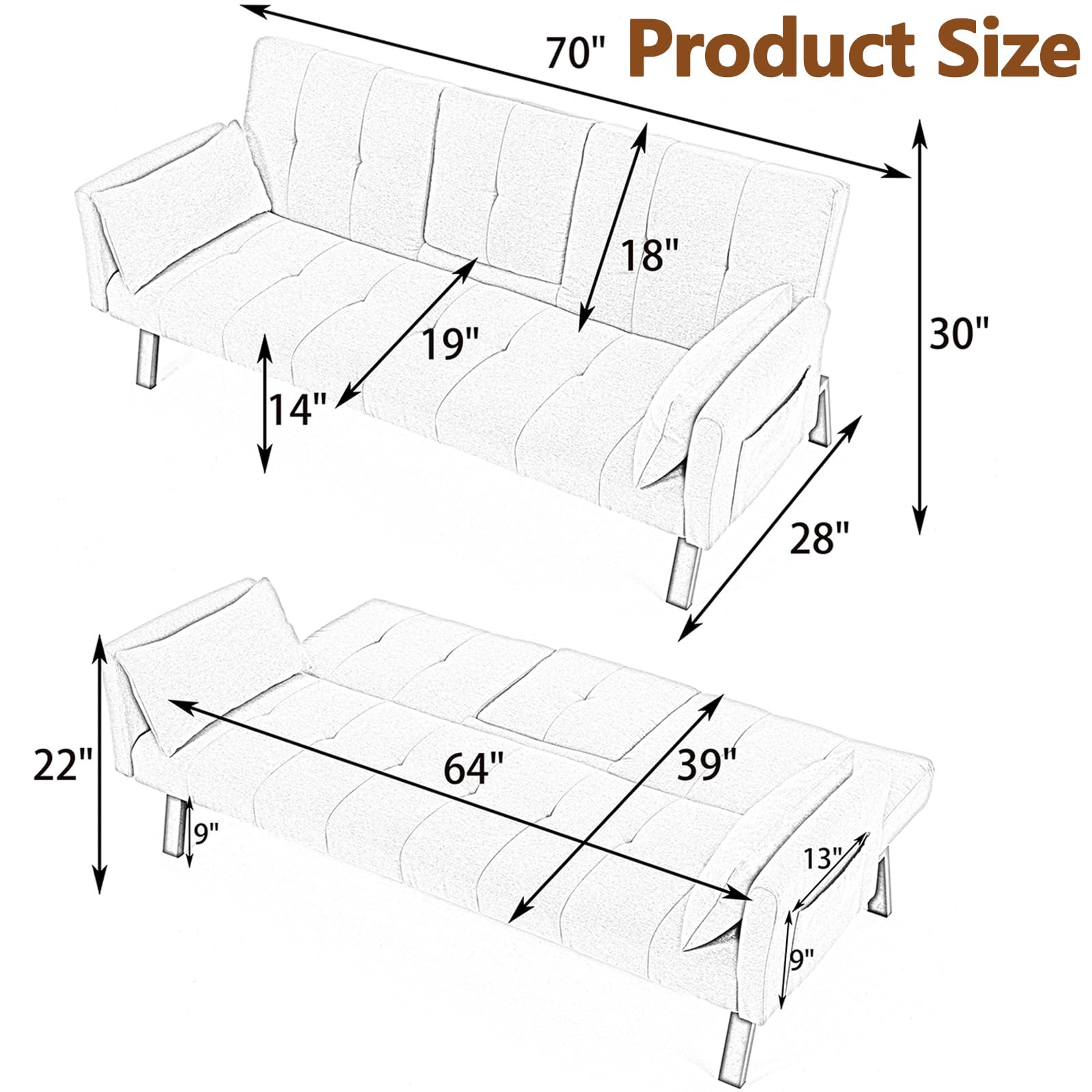 72" Cotton-Linen Futon Couch Living Room Couch Bed Convertible Sleeper Sofa Bed with Cup Holder for Bedroom Guest Bed 2 Seater Reclining Sofas Couches with Nailhead Trim for Small Space (Yellow)