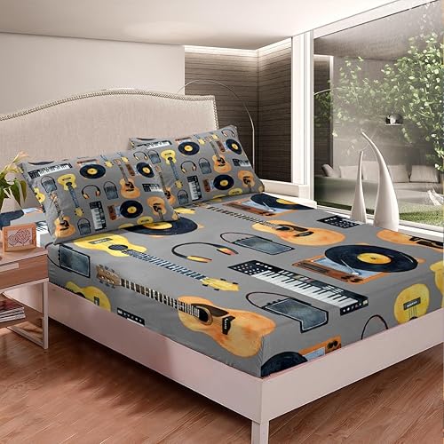 Miniatura 4 de Erosebridal Juego de sábanas de instrumentos musicales, juego de sábanas de guitarra acústica, teclados de piano, bajo, sábanas de tema musical