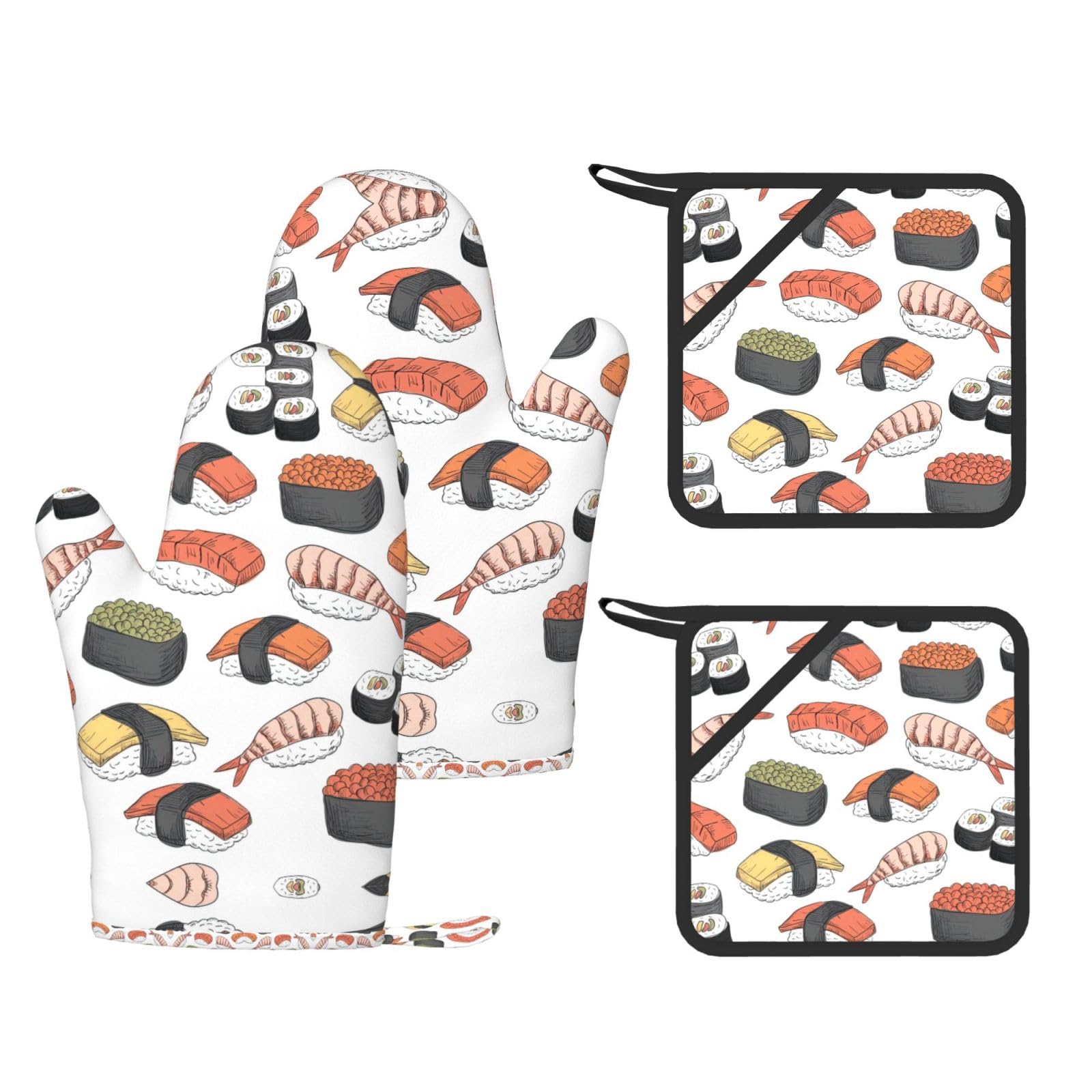 Sushi Trendy Printed Kitchen Set with Heat Resistant Gloves & Non-Slip Hot Pads for Baking & Grilling