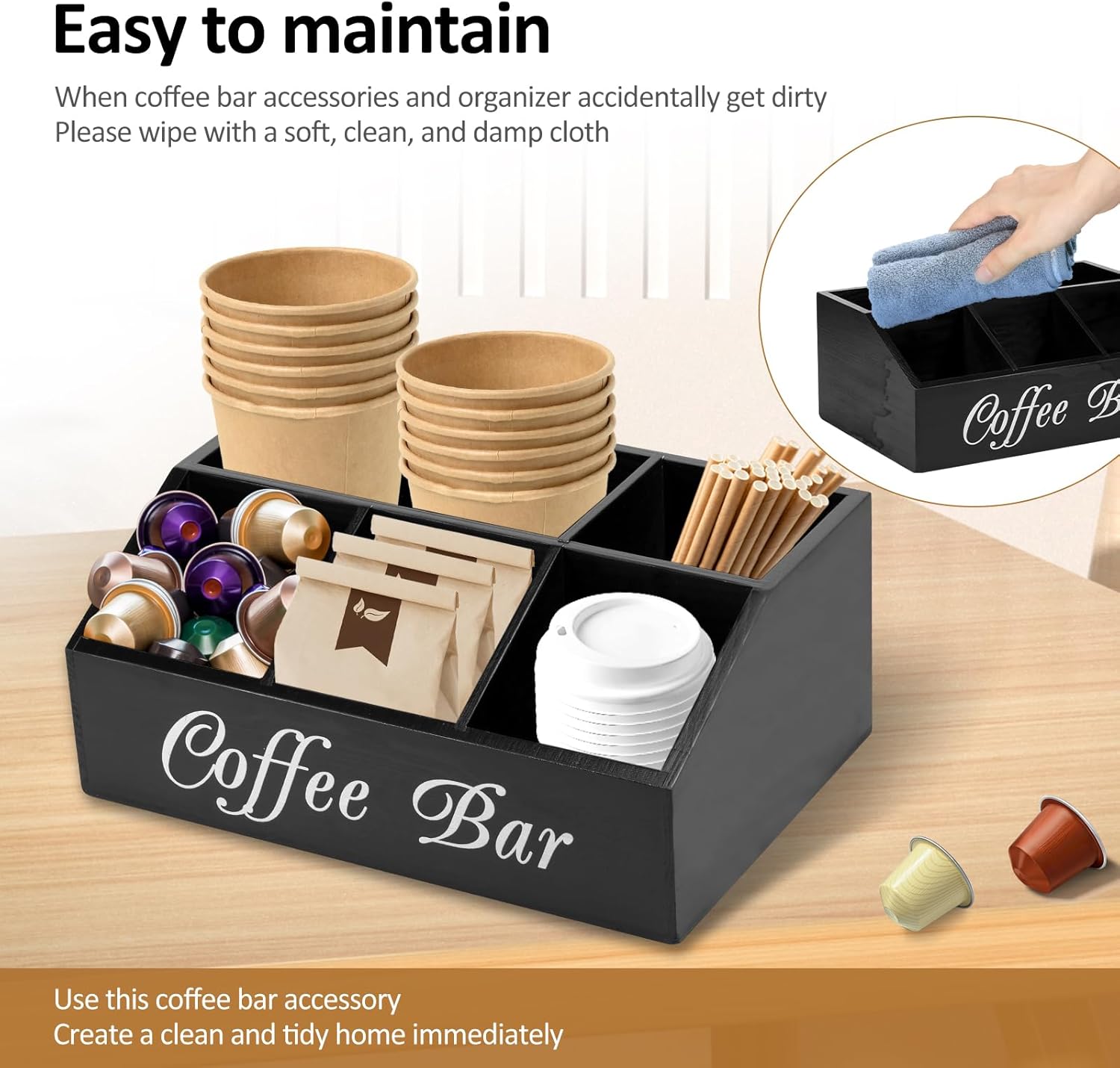 Coffee Station Organizer 5 Compartments Coffee Bar Accessories Organizer Wood Coffee Bar Organizer Vintage Coffee Storage Station Coffee Pods Holder for Countertop Coffee Bar(black)