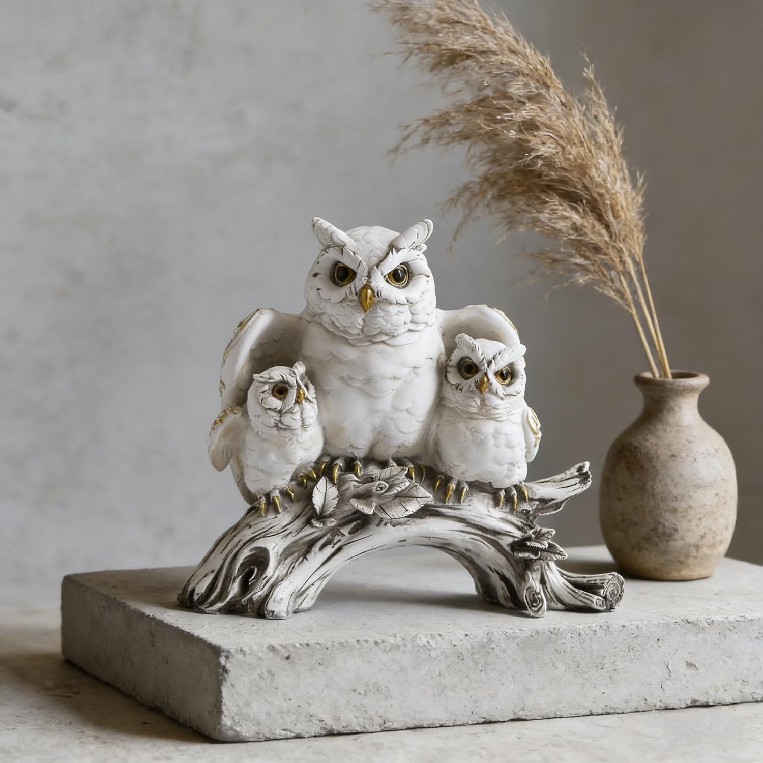 White Owl Family Statue, Resin Owl Figurines with Gold Accents, Handcrafted Owl Decor for Home, Owl Gifts for Owl Lovers, Animal Sculpture for Shelf Mantel Office Decor (B)