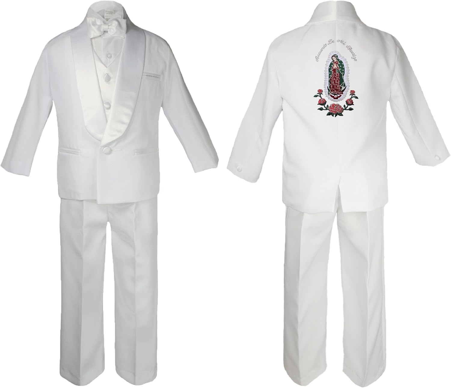 Baby Boy Baptism Church White Tail Suit Gold Guadalupe on Back of The Suit SM-20