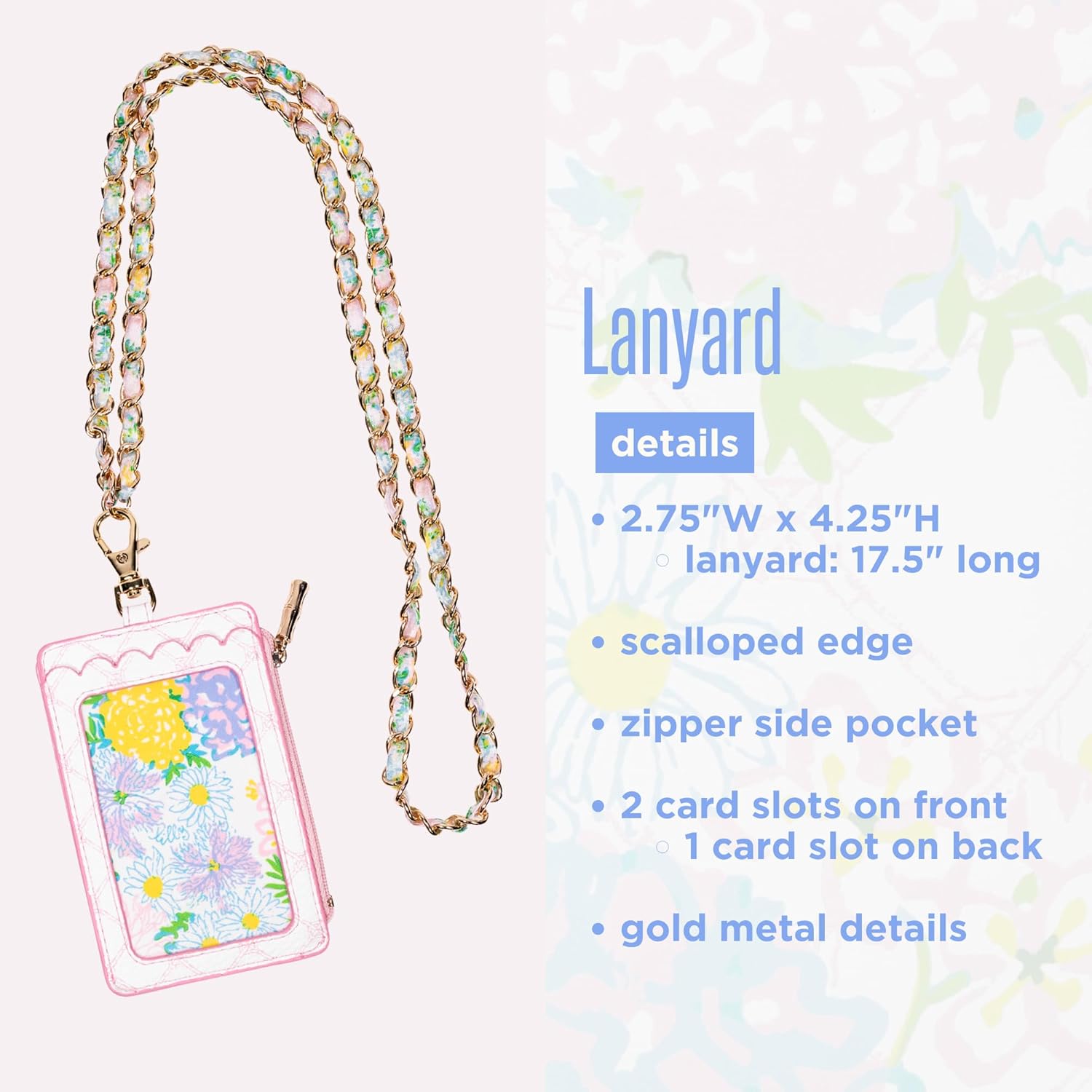 Lilly Pulitzer ID Case with Lanyard, Keychain Wallet with Zip Close, Cute Durable Card/Badge Holder with Long Lanyard for Women (Lilly Garden Home)