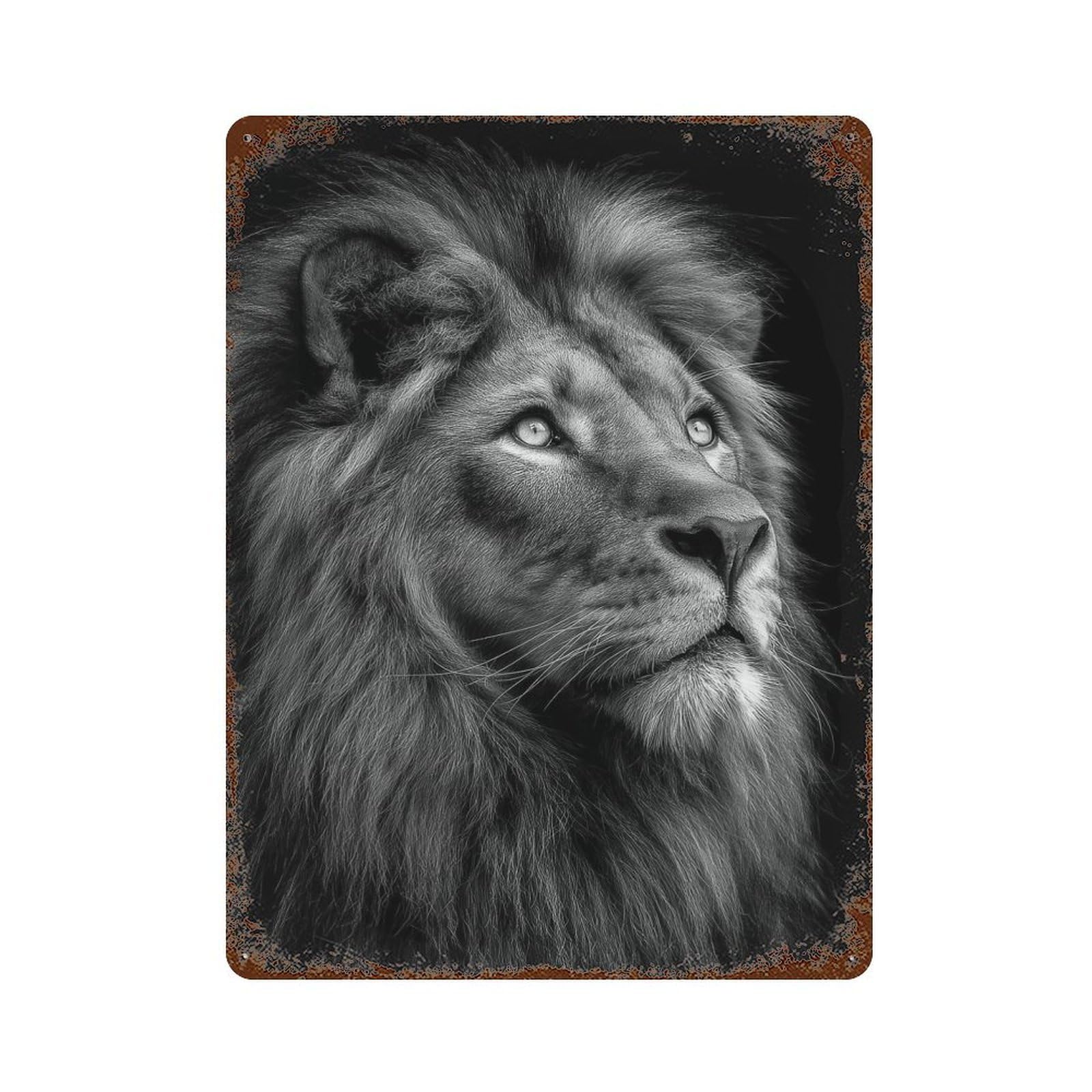 Rustic Tin Plaque Lion Portrait in Black And White 15.7"x11.8", Retro Wall Decor for Shed, Workshop And Garage Wall Decor