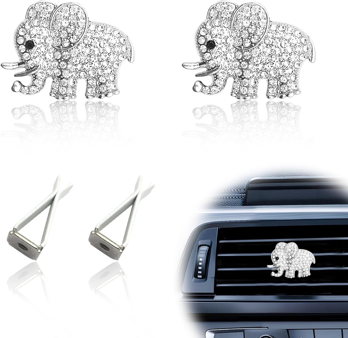 Automotive Universal 2PCS Elephant Car Air Vent Clips with Rhinestone Charms Bling Air Freshener Decor Universal Fit Auto Interior Accessories for Gift Idea, Silver