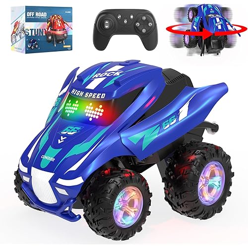 Remote Control Car, RC Cars with Spray, Light & Music, All Terrain Drift Stunt Car 360 Flips Rotating, RC Race Cars Toys for 6 7 8 9 10 11 12 Year Old Boys Girls Gifts (Blue)