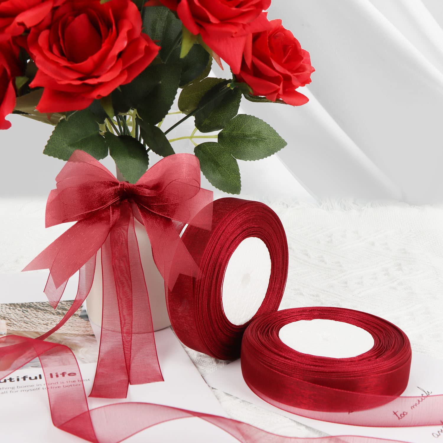 OWill 2 Rollen Geschenkband Weihnachten,20mm x 90m,Satinband rot,schleifenband Weihnachten,Transparente chiffonbänder weihnachtsbänder für geschenkverpackungen,Weihnachtsbaum,Schleifen