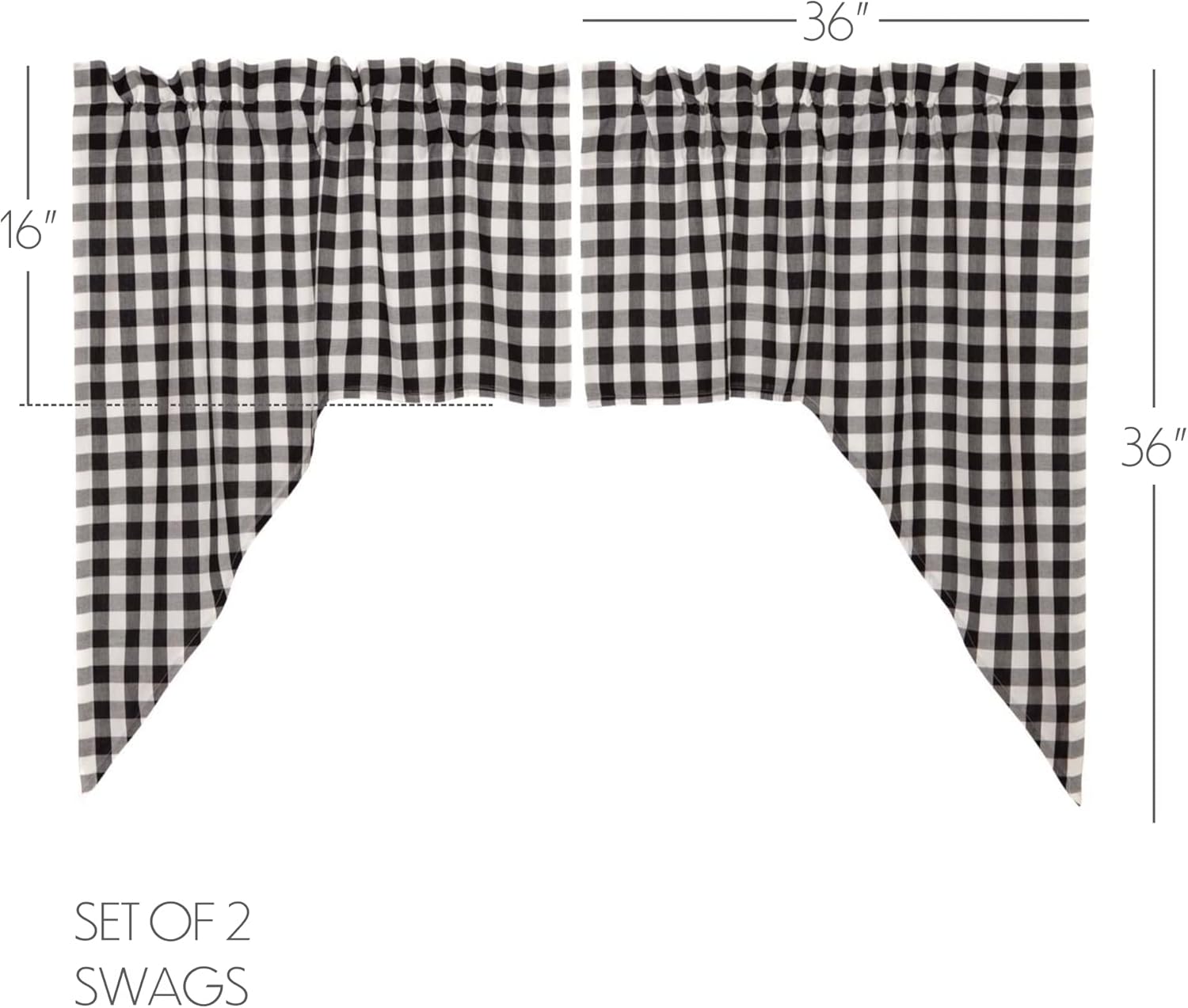 VHC Brands Annie Buffalo Check Cotton Farmhouse Kitchen Curtains Rod Pocket Swag Pair, 36x36x16, Black
