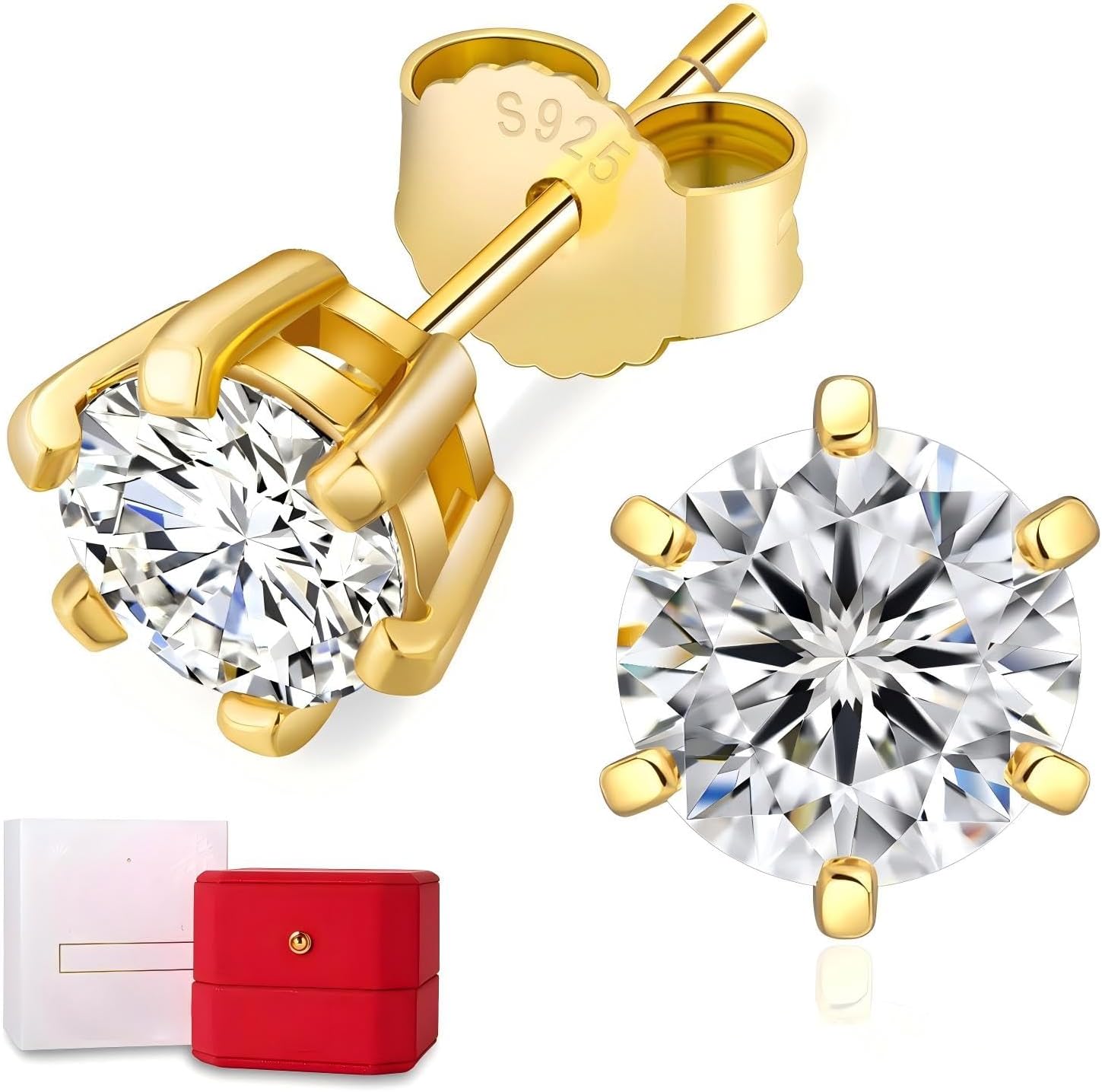 KRKC&CO Lab Grown Moissanite Stud Earrings for Women, Hypoallergenic 925 Sterling Silver, Mother's Day/Anniversary/Valentine's Day/Birthday/Wedding Gift, 14K Gold Plated/White Gold Plated, 0.6-3.0ct