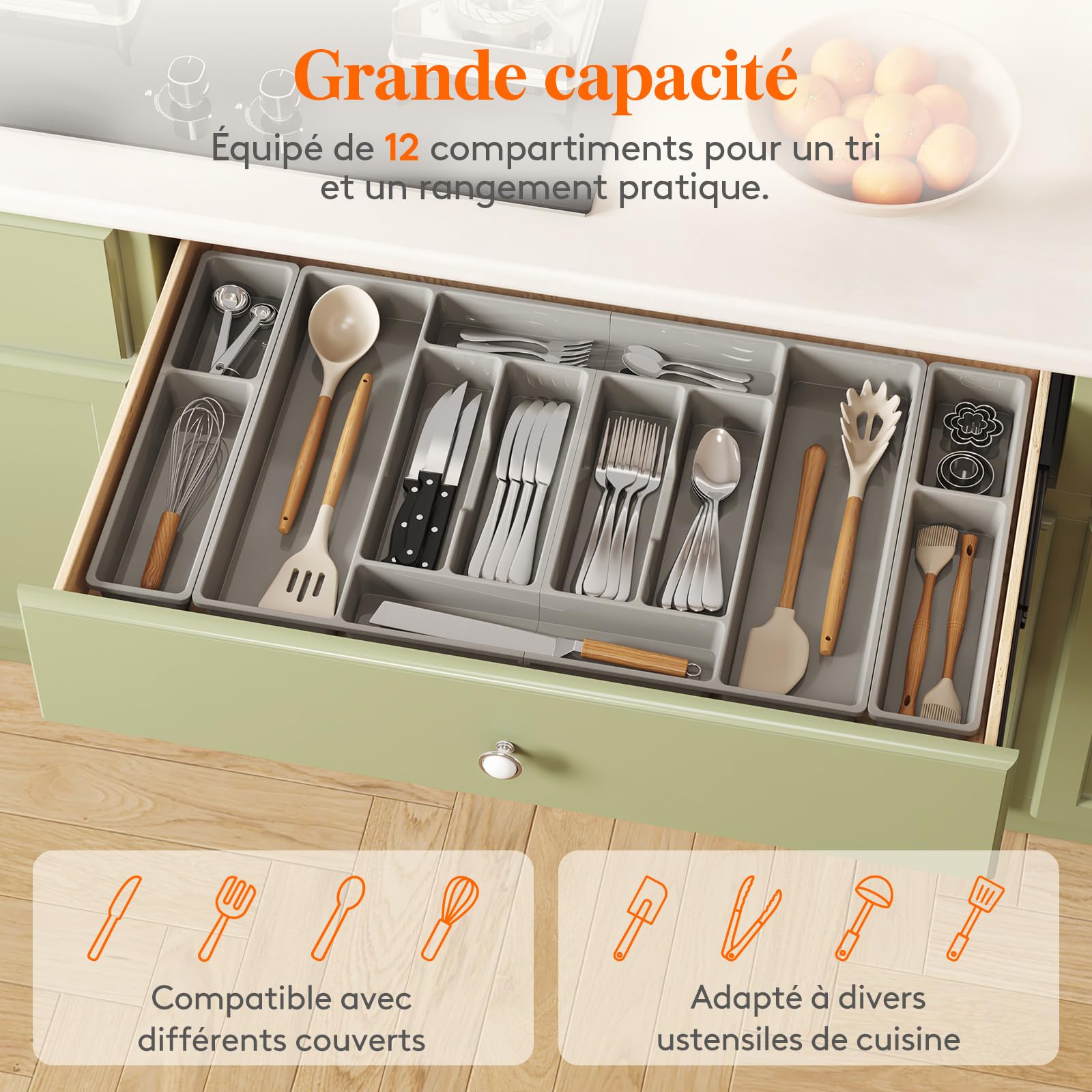 Lifewit Organisateur Couverts Cuisine, 81.6 × 42 cm Rangement Couverts pour Tiroir de 90 cm, Porte-Ustensiles de Cuisine Amovible, Plastique Support Argenterie, Couteaux, Bureau Accessoires, Gris