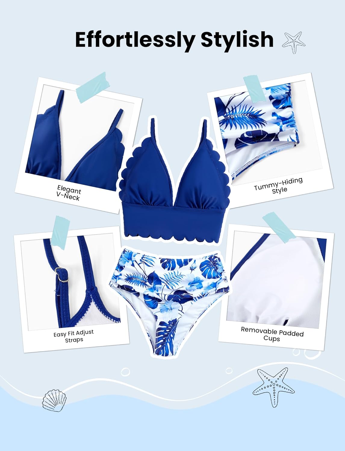 Family Matching Solid Scallop Trim Strappy Two-Piece Swimsuit and Allover Floral Print Swim Trunks Shorts