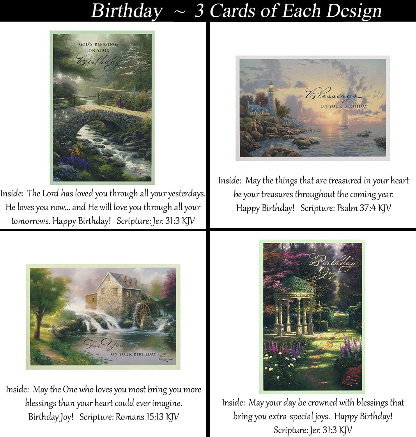 Birthday Cards ~ 24 Designs ~ Christian/Religious Greeting Card #2 Repeated Assortment ~ King James Scripture in 12 cards