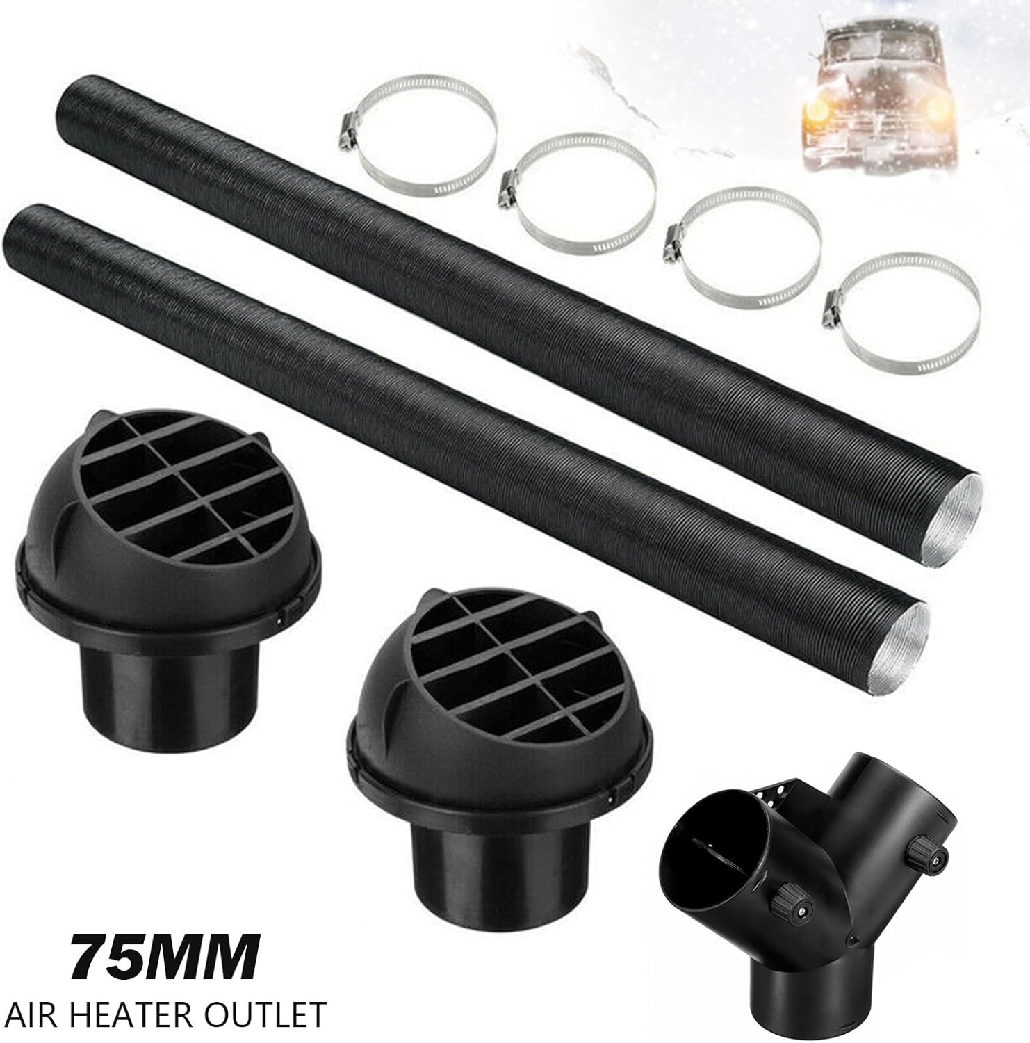 75mm Diesel Heater Duct Pipe Kit, ZDHQLHJ Diesel Parking Heater Set, Exhaust Pipe, 3-Way Y Shape Splitter Ducting Connector with Adjustable Valves, Car Heater Duct Warm Air Outlet Vent