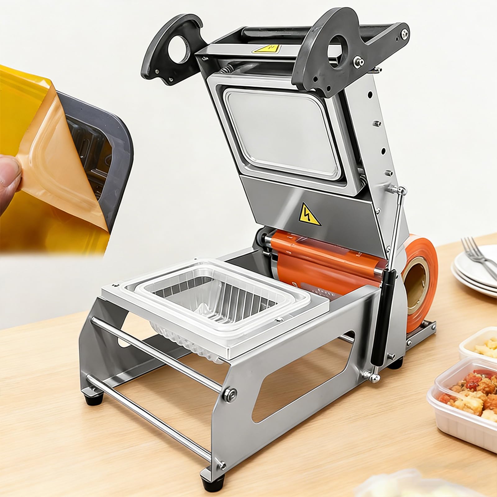 Selladora Manual de Bandejas para Alimentos, Sellado por Presión para Envases de Comida para Llevar, con Mango Antideslizante y Portarrollos – para Carne, Comida Preparada, Fruta A