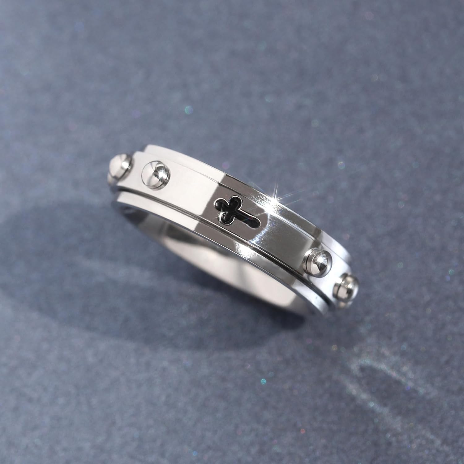 DoubleAccent 6MM Stainless Steel Cross Rosary Spinner Praying Ring