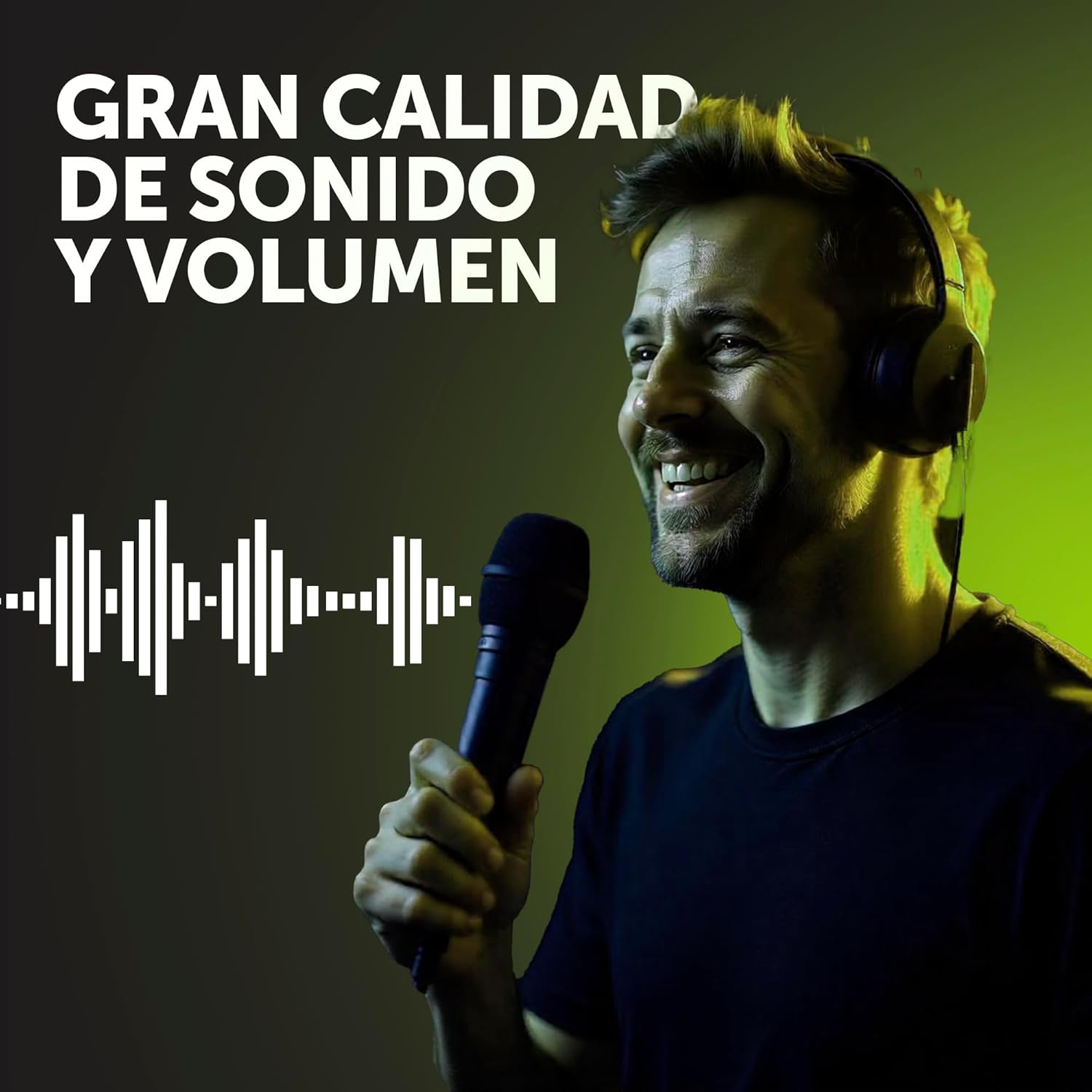 Man singing into a Vieta Pro microphone, with sound wave graphics