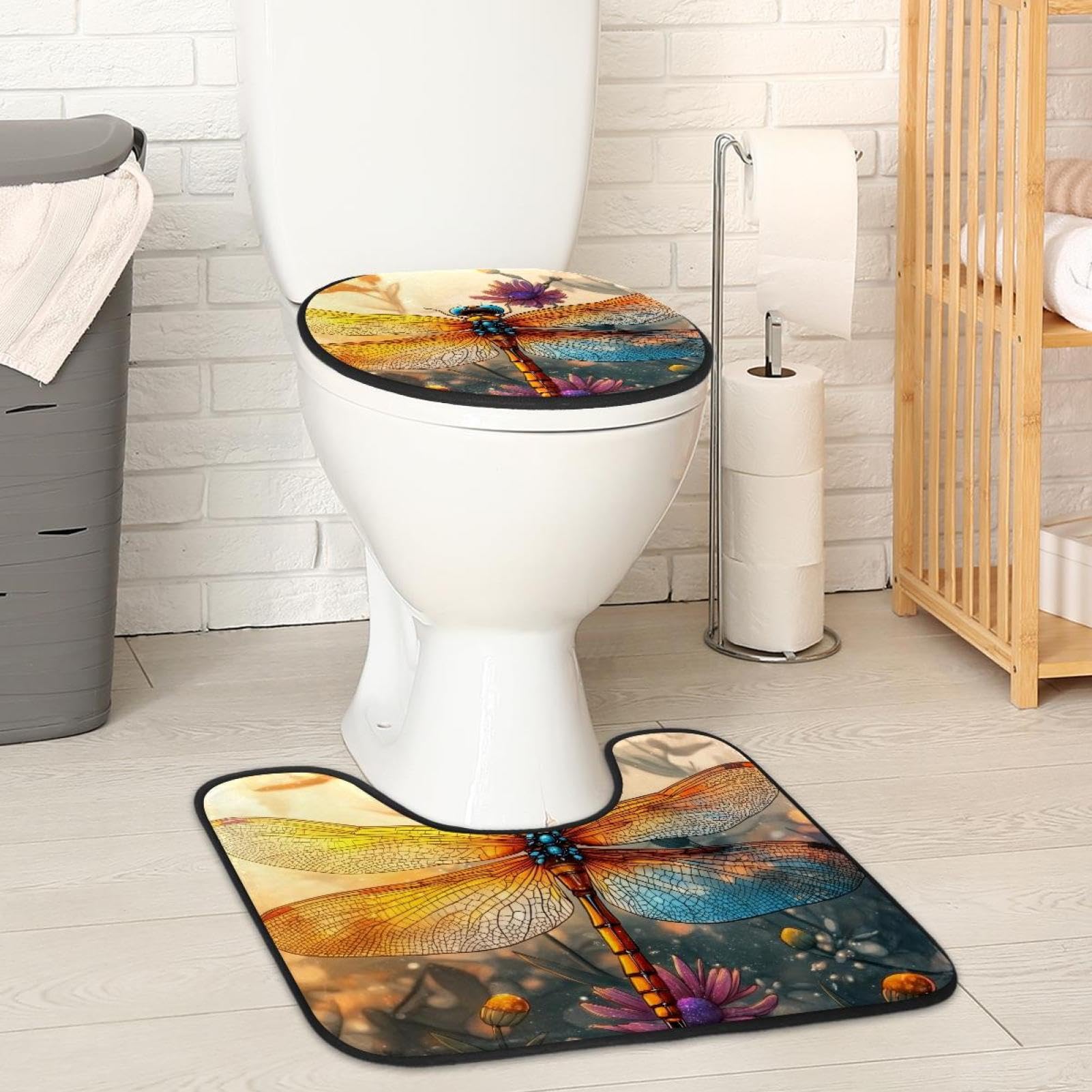 MUOOUM Toilet Lid Cover and U-Shaped Toilet Floor Mat Set of 2 Pieces, Dragonfly Flowers Toilet Mat Set, Machine Washable Seat Covers Non-Slip Absorbent Rugs