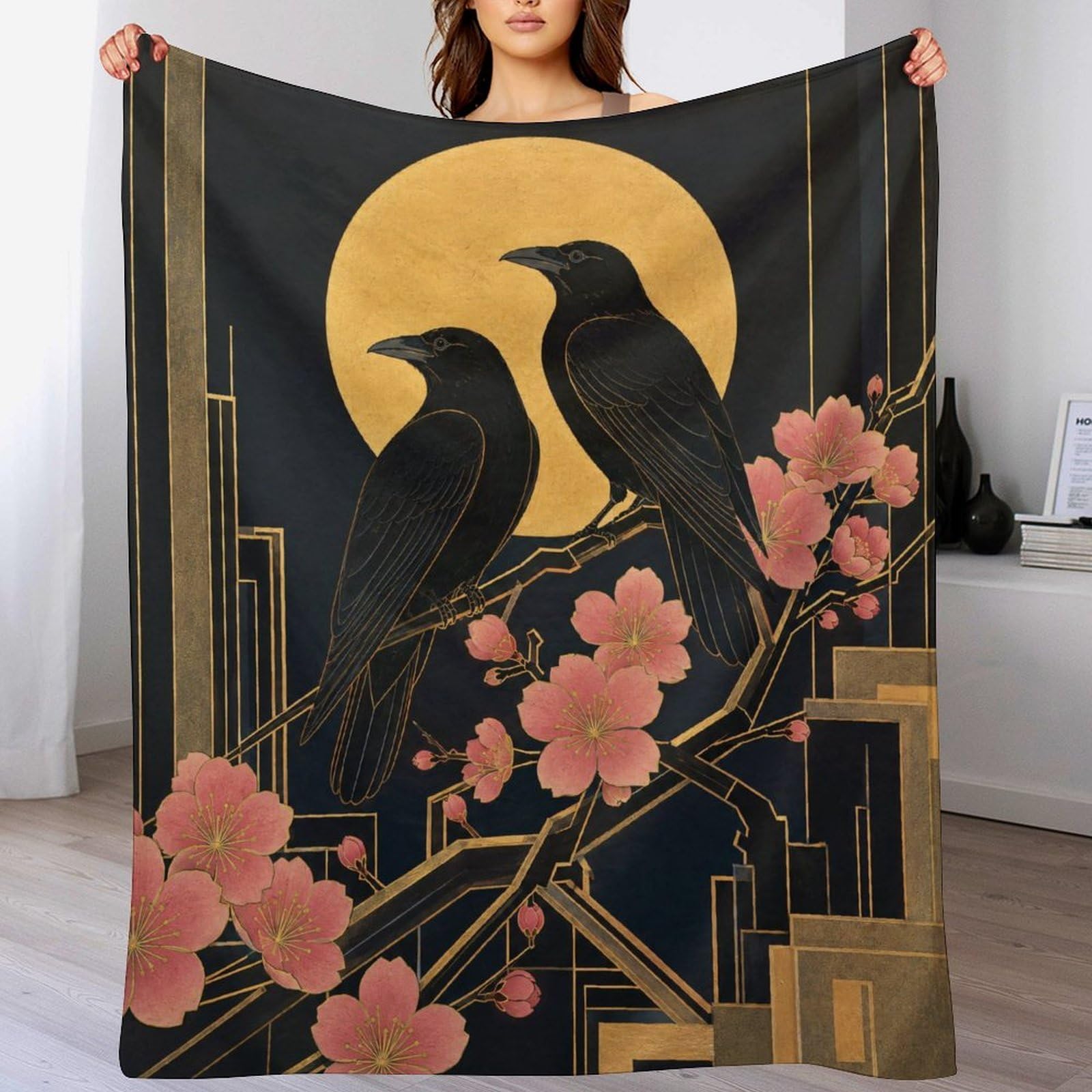 Pareja de Cuervos bajo la Luna Dorada Manta Manta TV Calida Polar | manta sofa suave con Ilustración realista y flor rosa, para sofa, cama, 175x200cm(70x80in)