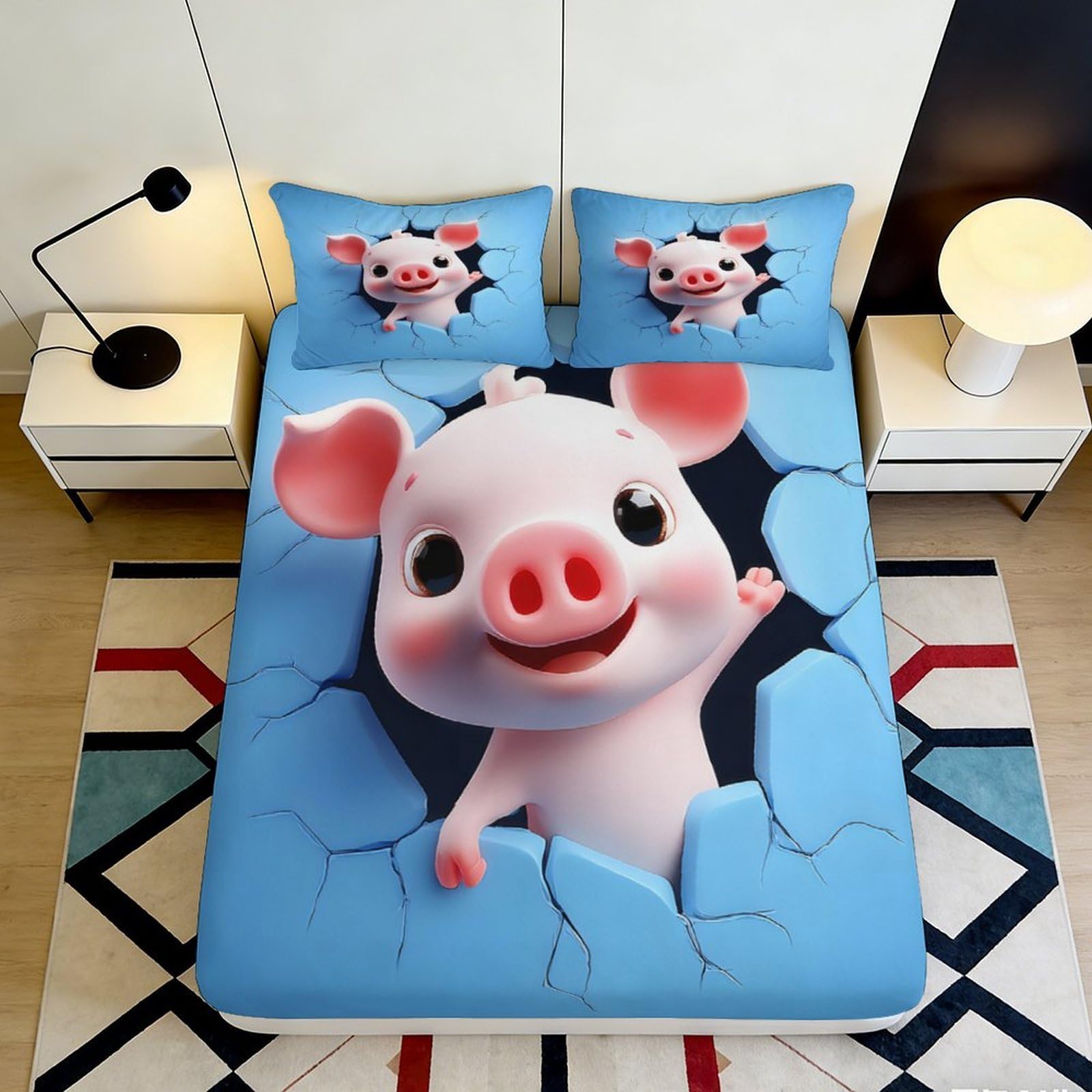 3D Printed Cute Pig Fitted Sheet Microfiber Soft Blue Cartoon Animal Mattress Cover for Bedroom Dorm Decor 90x200x25cm