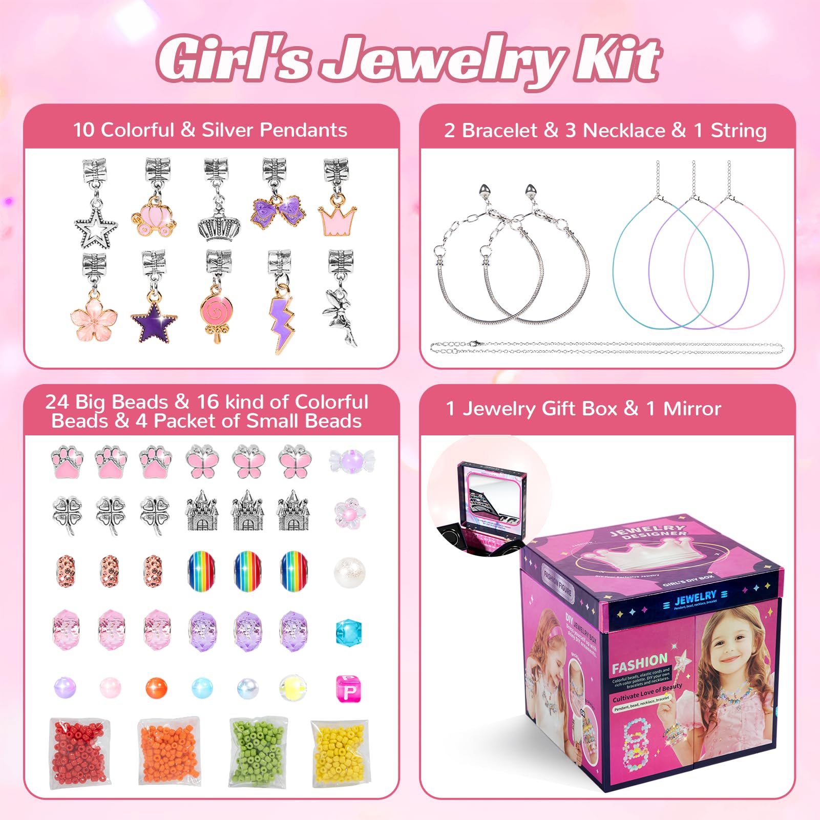 JeeMoien Charm Armband Bastelset Für Mädchen 5 6 7 8–12, Freundschaftsarmband Set DIY Schmuck Bastelset Geburtstagsgeschenk Spielzeug Für 6 7 8 9 10 11 Jährige Mit Tragbarer Schmuckbox, Rosa
