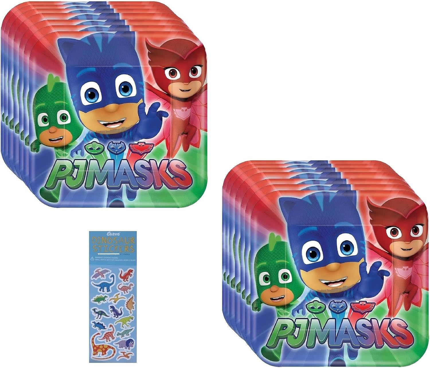 PJ Masks Birthday Party Supplies Bundle includes 16 Dessert Cake Paper Plates and 1 Dinosaur Sticker Sheet