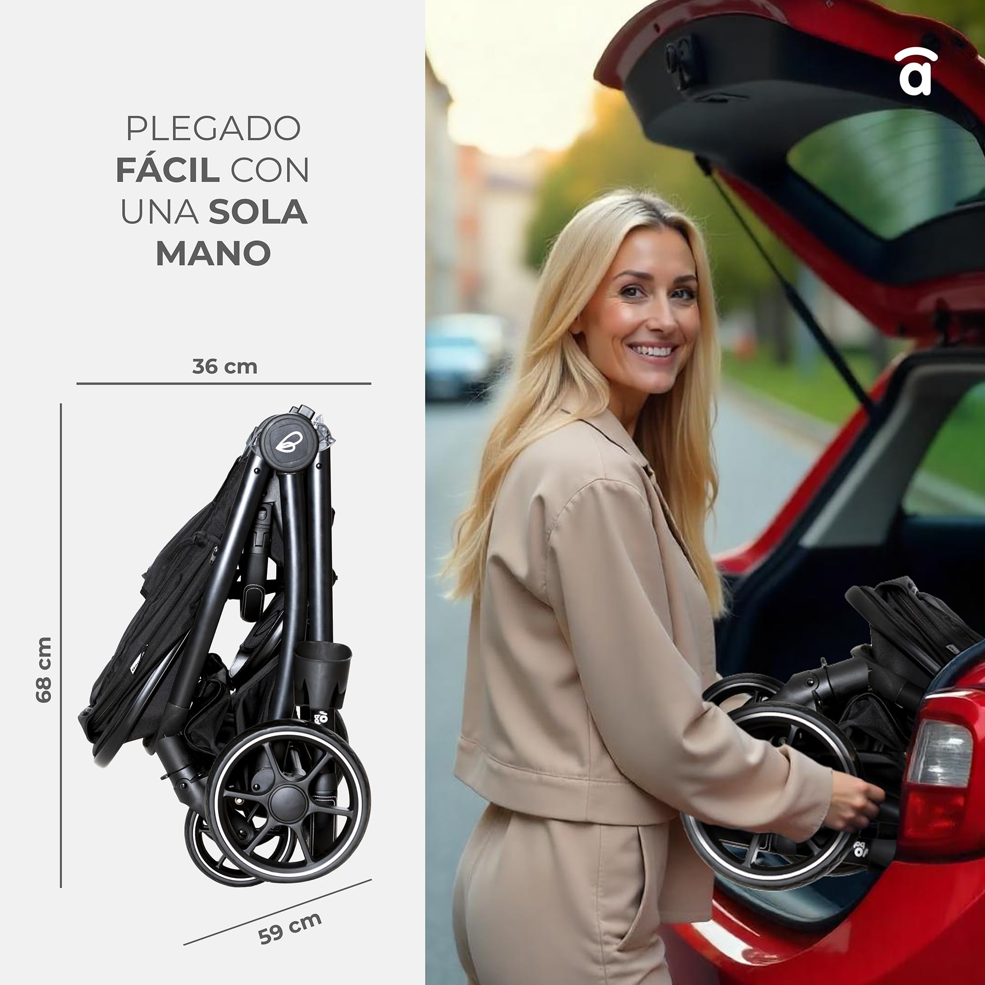 Asalvo RODAS Trío Convertible, 3 en 1, Silla de Paseo, Carrito de bebé, Silla de Auto, Confortable, Segura, Capota extensible, Suspensión en las Ruedas, Freno trasero, Carga Máxima 23 kg, Beige