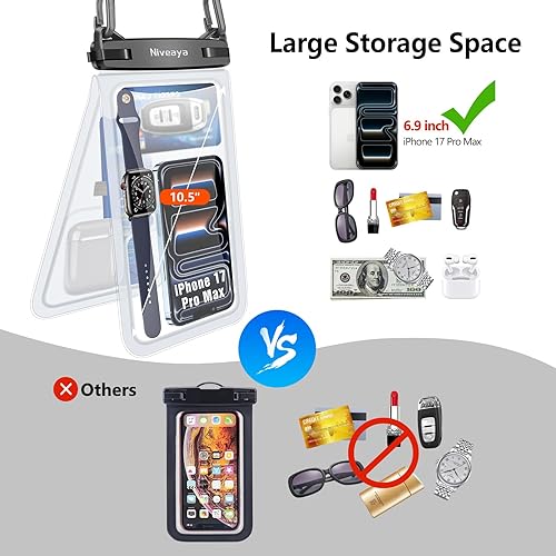 Miniatura 3 de Niveaya Hasta 10.5 pulgadas Bolsa impermeable para teléfono - Paquete de 2, funda impermeable con cordón para teléfono con iPhone 1615141312 Pro Max