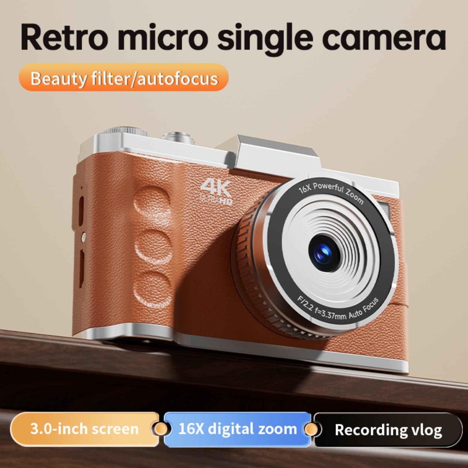 Fotocamera digitale da 64 MP 4 K con messa a fuoco automatica per videocamera, schermo LCD da 3,0 pollici, zoom 16x, funzionamento manuale, fotografia di viaggio, marrone (nero)
