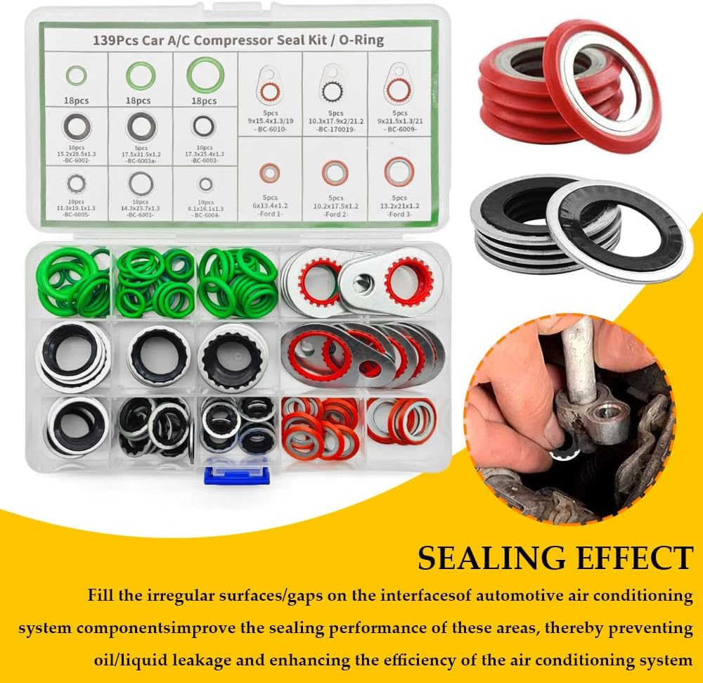 139PCS AC O Ring Kit Contains 30 Sizes, Durable A/C O Ring Assortment Kit with 54PCS Rubber Gasket & 85PCS Spacers for Seal Improvement, Professional AC Compressor Gasket Kits for Car Accessories