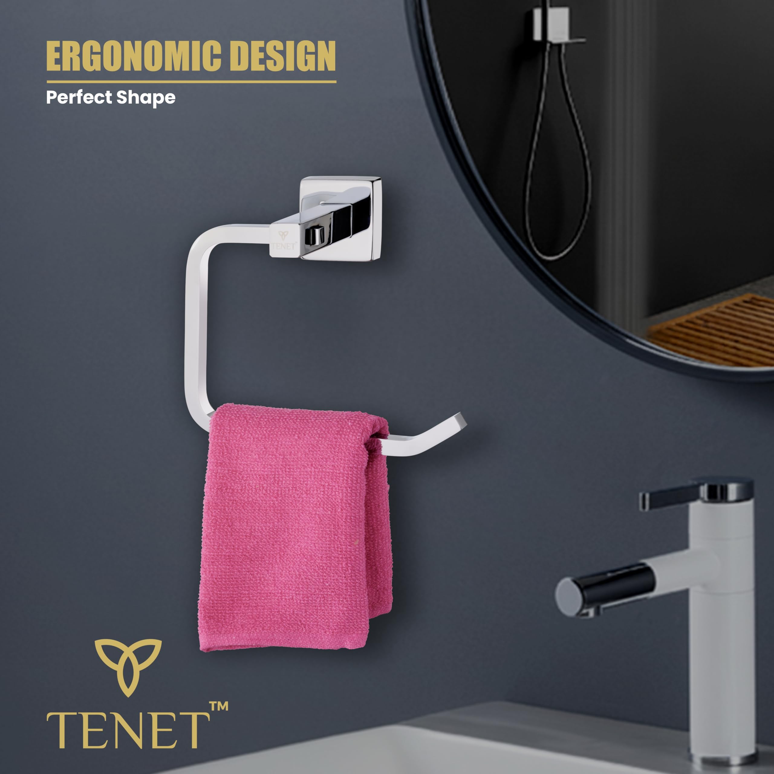 TENET Towel Ring/Hand Towel Holder/Washbasin Napkin Stand/Towel Hanger/Napkin Loop Wall Mounted Bathroom Accessory | with 1 Year Warranty Towel Ring (Chrome) 3