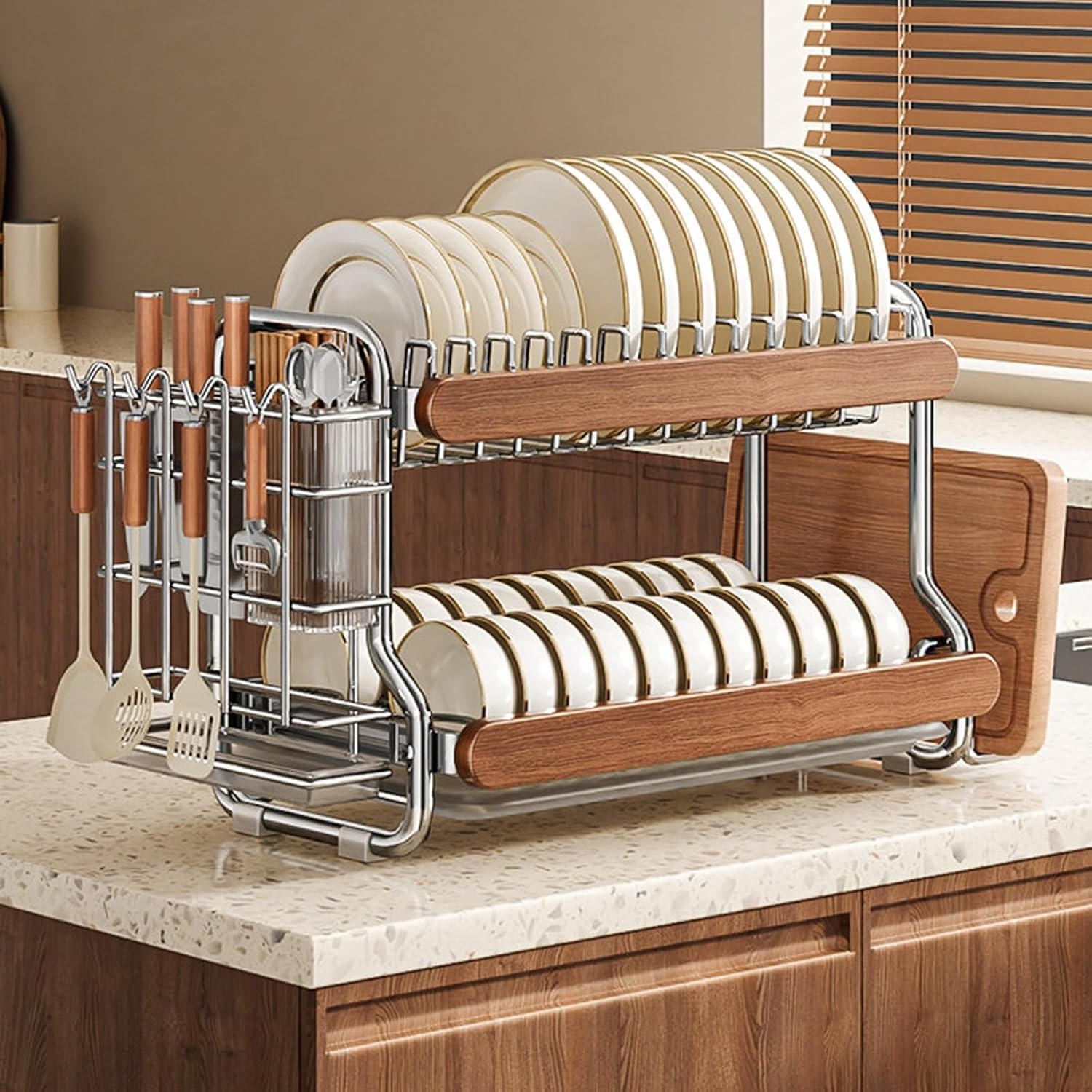 Égouttoir à vaisselle moderne en bois à 2 étages avec porte-couverts en acier et ensemble de sillet amovible – Nizer de cuisine peu encombrant pour un accès facile et efficace