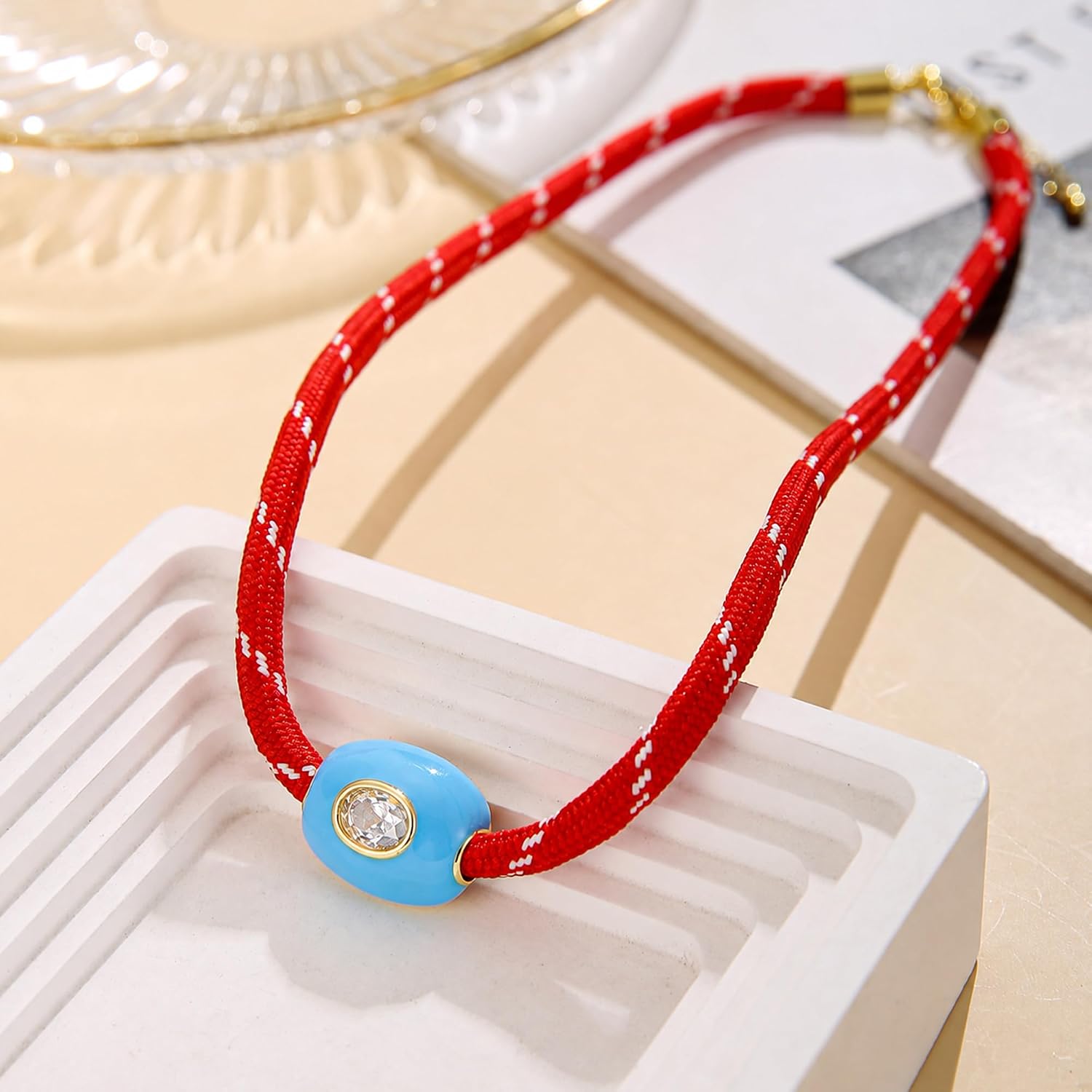 Red Cord Necklace with Blue CZ Charm Pendant for Women