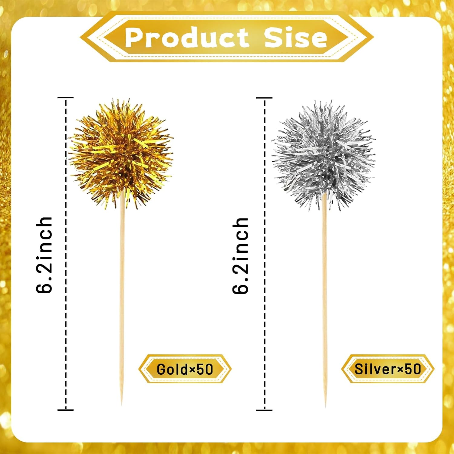 MEMOVAN Foil Firework Cupcake Toppers 100PCS Sparkle Tinsel Cake Toppers Tinsel Drink Stirrer Gold Silver Cake Cupcake Decoration Cocktail Picks for Birthday Wedding Graduation Party Sipplies