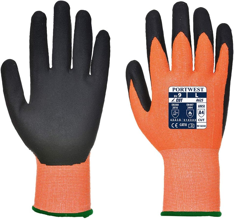 Portwest Vis-Tex Cut Resistant Glove - PU, Size: M, Colour: Orange/Black, A625O8RM