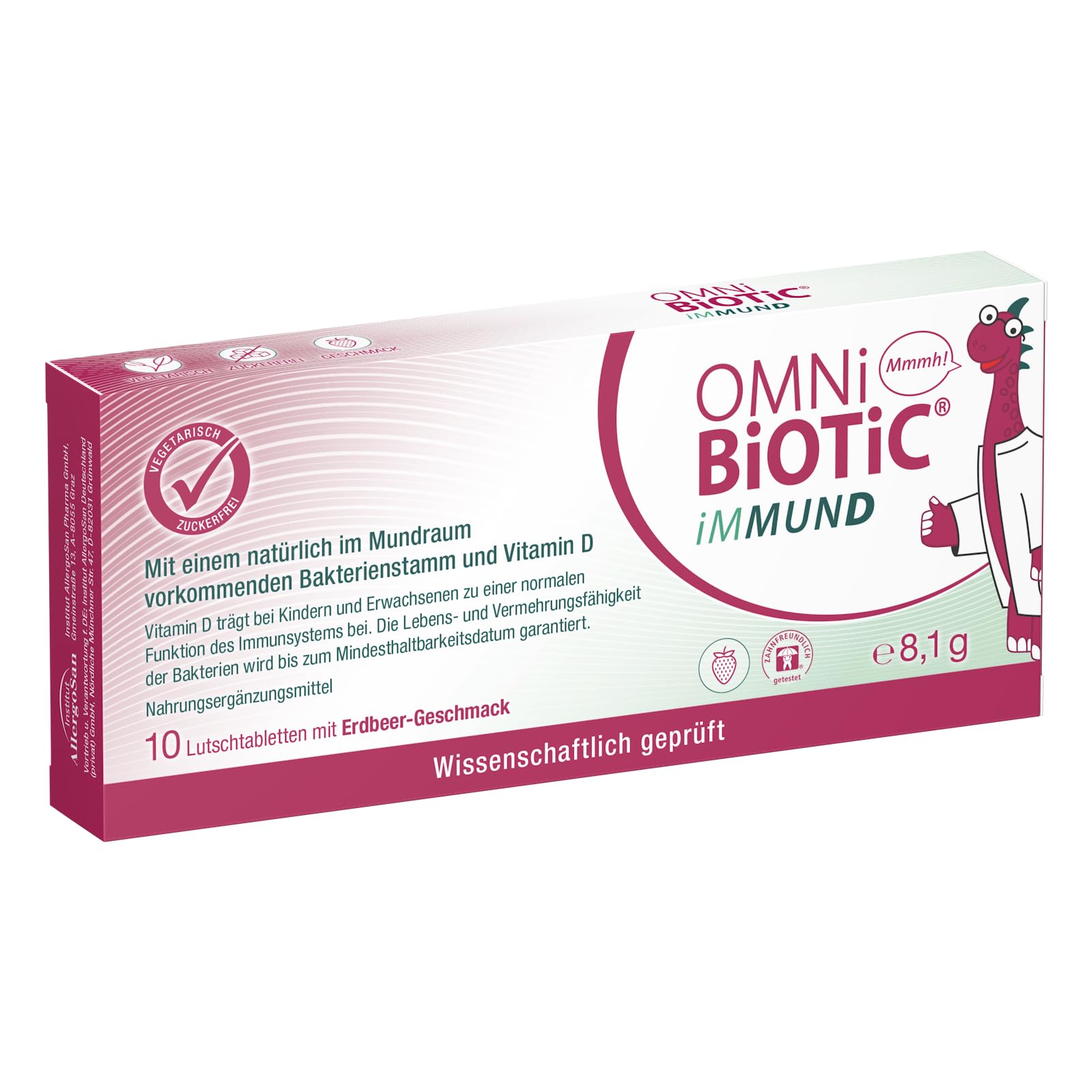 OMNi BiOTiC iMMUND | 10 Lutschtabletten | 1 Bakterienstamm | 1 Mrd Keime pro Lutschtablette | Mit Vitamin D | Vegetarisch | Zuckerfrei | Zur täglichen Anwendung | Auch für Kinder | Erdbeergeschmack