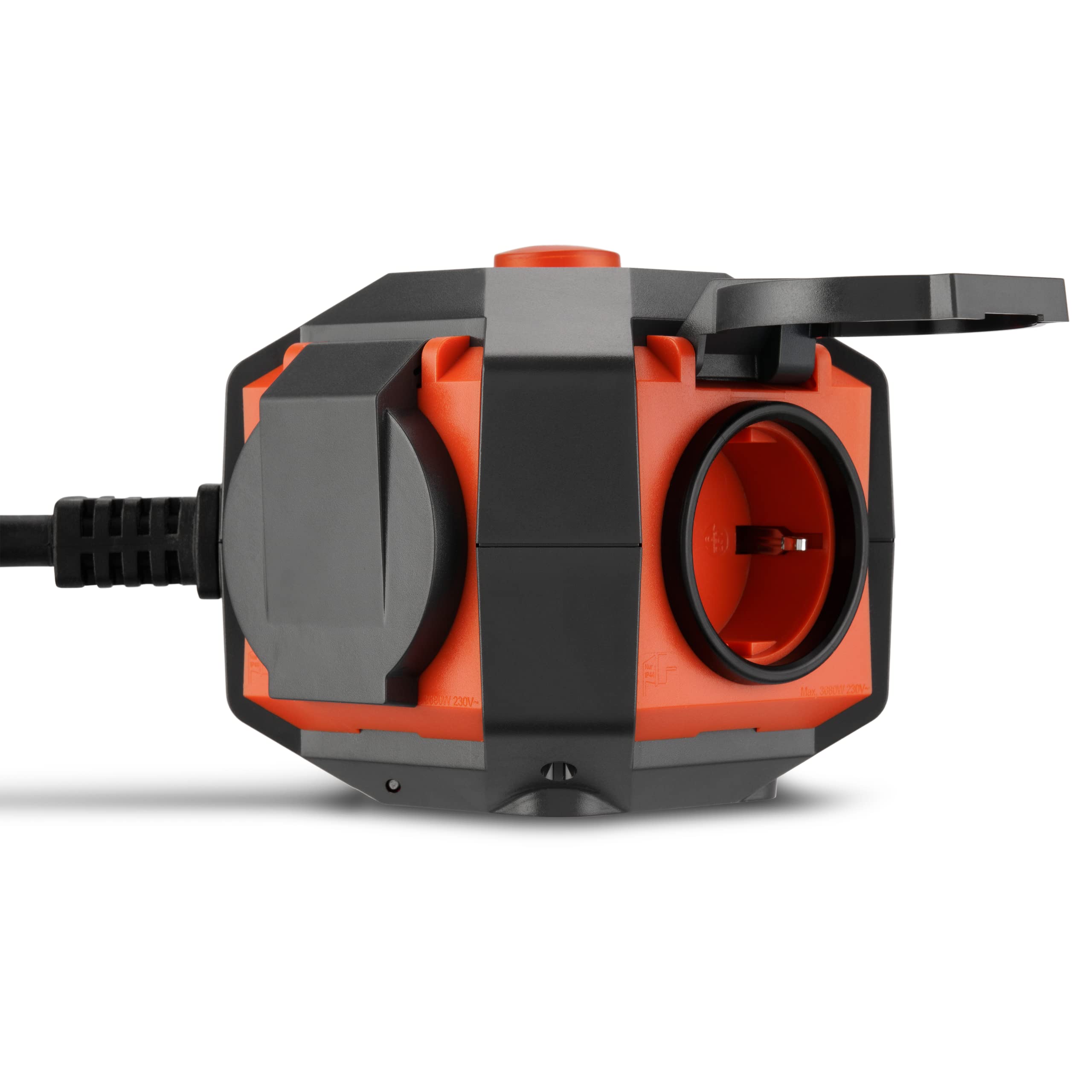 REV PowerGlobe Steckdosenwürfel – Vierfachsteckdose, IP44, orange-schwarz