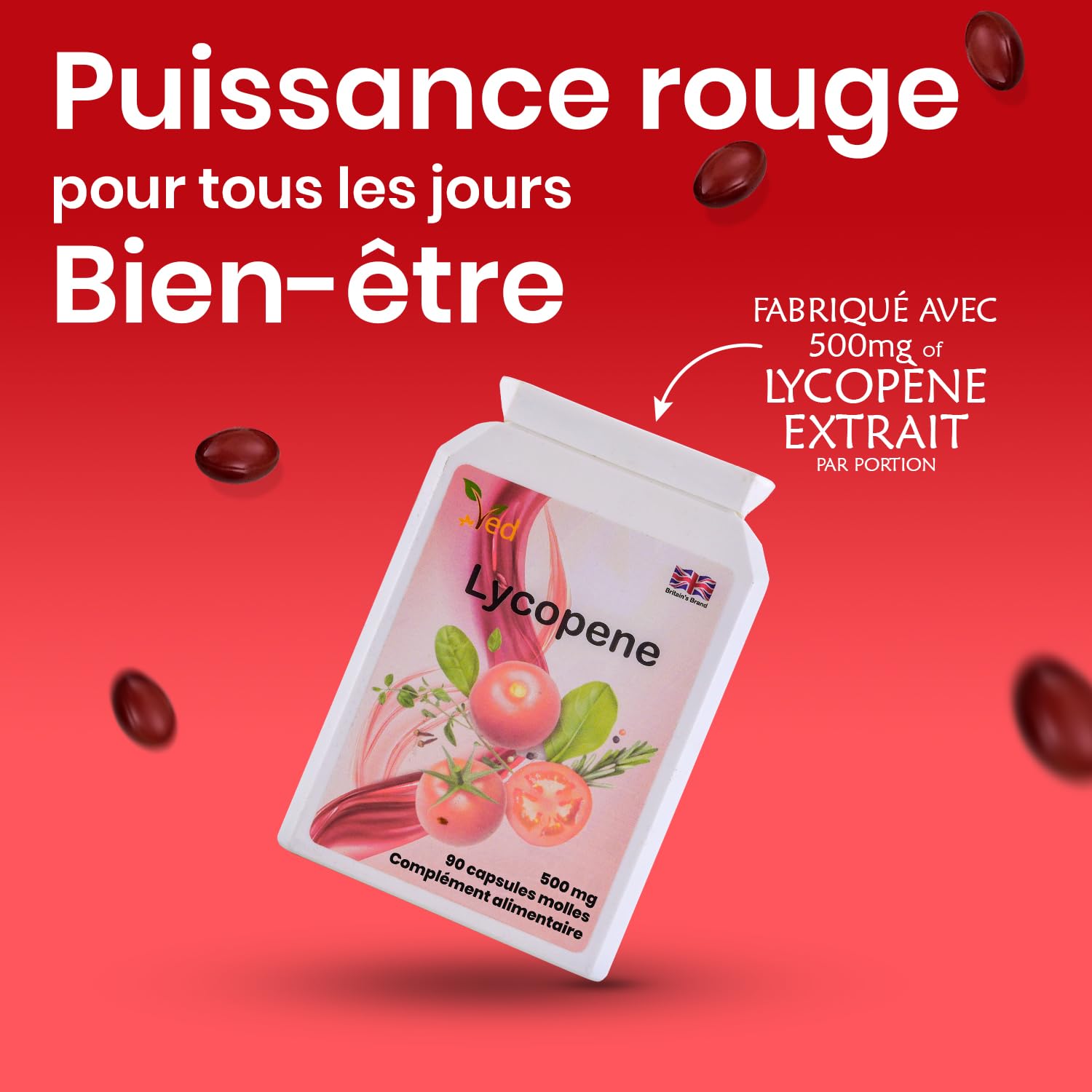 Suppléments de lycopène Ved | Super force, santé de la prostate et du cœur | Super antioxydant | 500 mg 360 capsules molles.