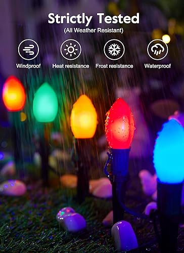 Miniatura 10 de Luces de Navidad C9 para exteriores, 2 paquetes en total de 51.4 pies de luces de camino de Navidad con 40 bombillas LED y estacas, decoraciones de