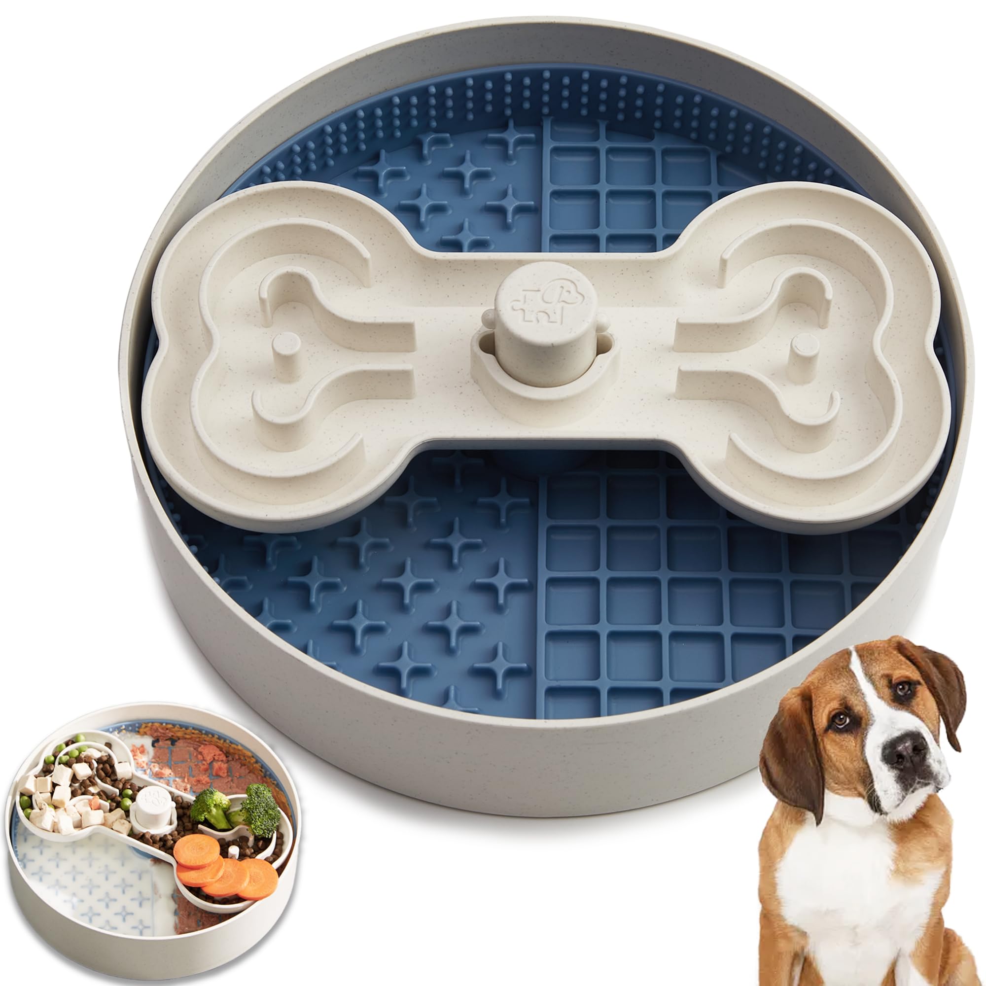 Detachable Puzzle Feeder Large Breed Dog Food Bowls Slow Feeder, Non-Slip Interactive Plastic Slow Eating Dog Bowl 9.8” (Blue)