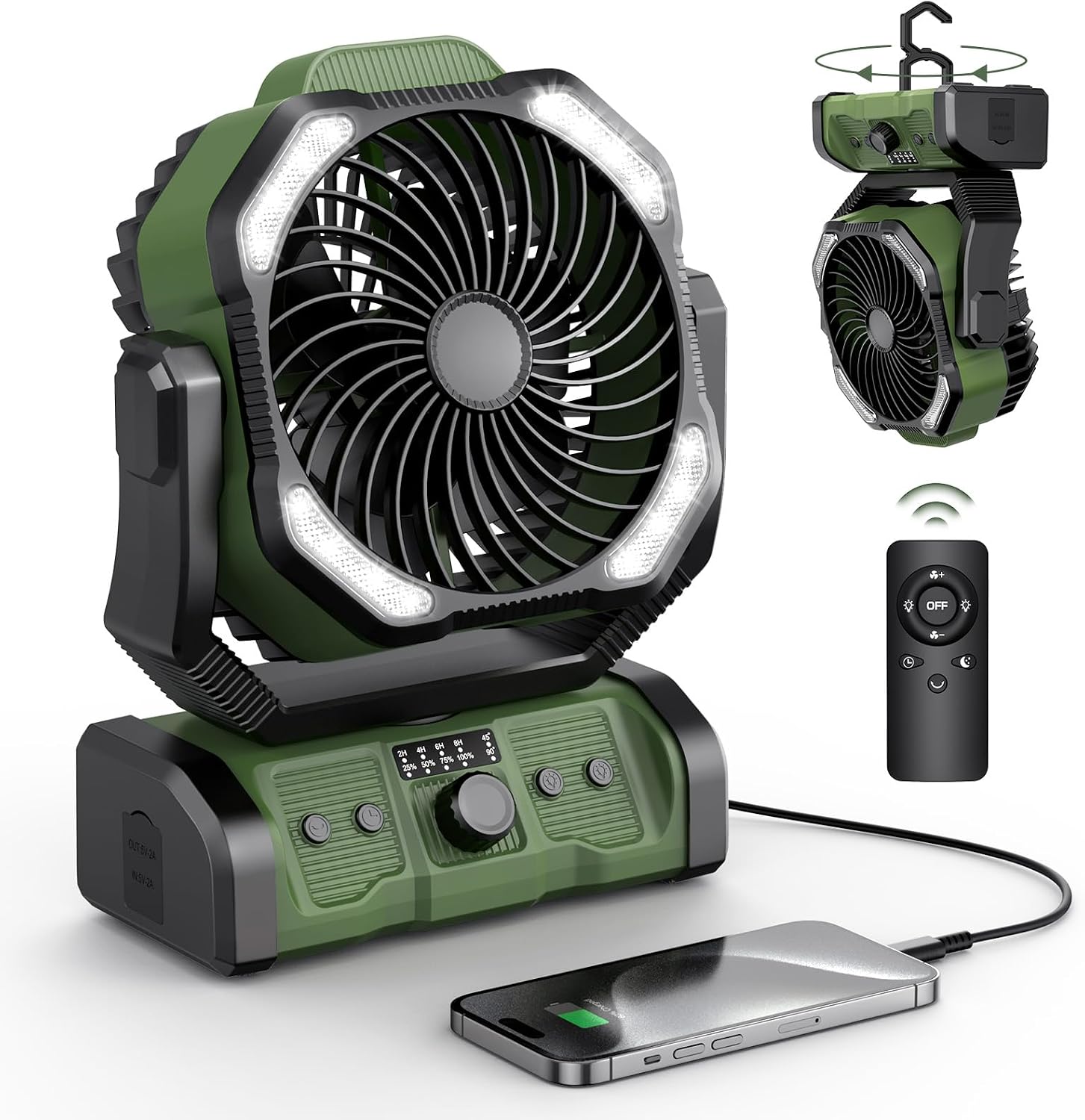 Peouix Portable Camping Fan Rechargeable - 20000mAh Cordless Battery Powered Tent Fans with LED Lantern, Remote Auto Oscillating Table Operated Ventilador for Travel Outdoor Beach